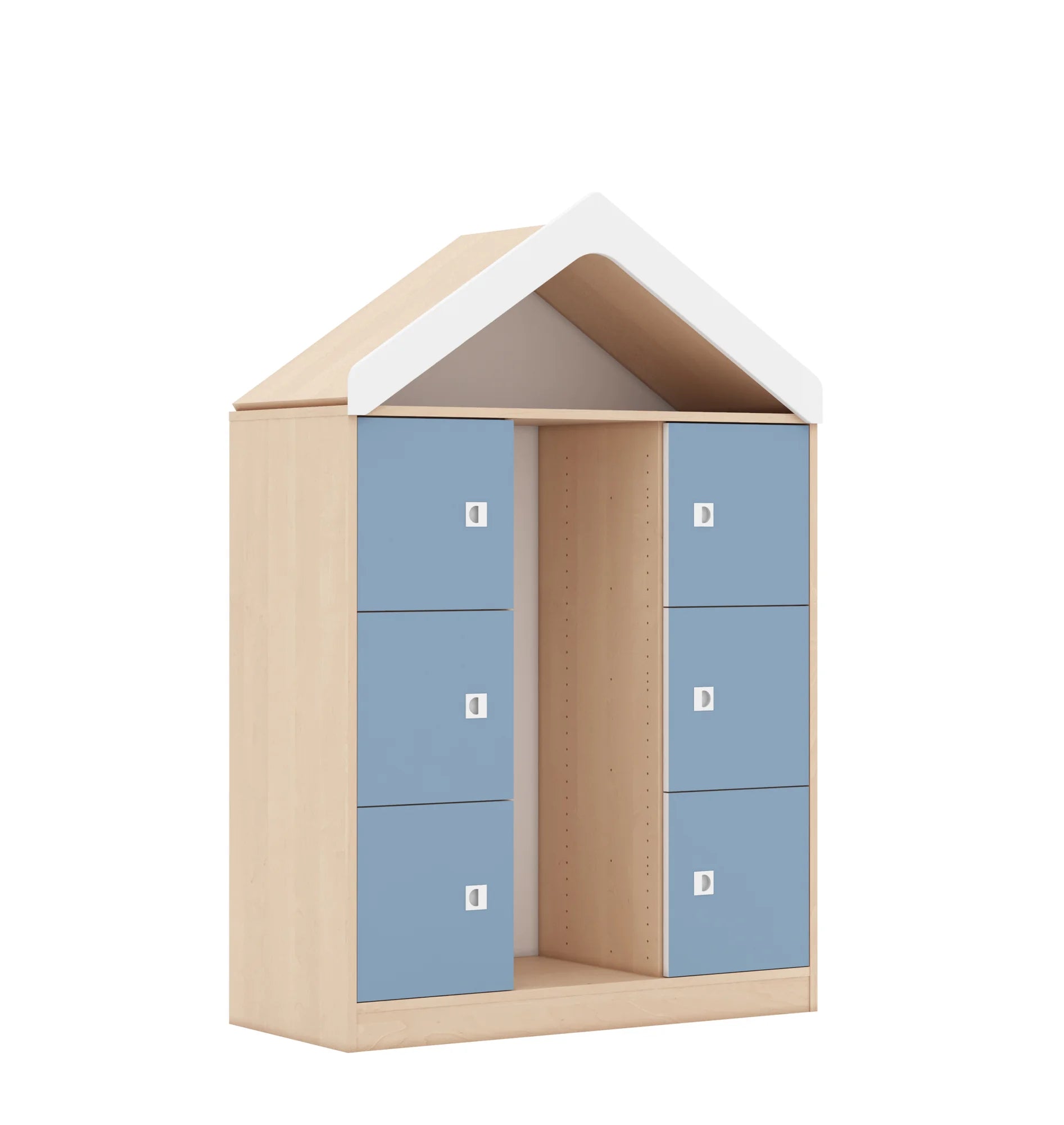 Regał na pojemniki BLOX 110 3PG 6F1 z daszkiem 1049x466x1575 – brzoza / pastelowy niebieski