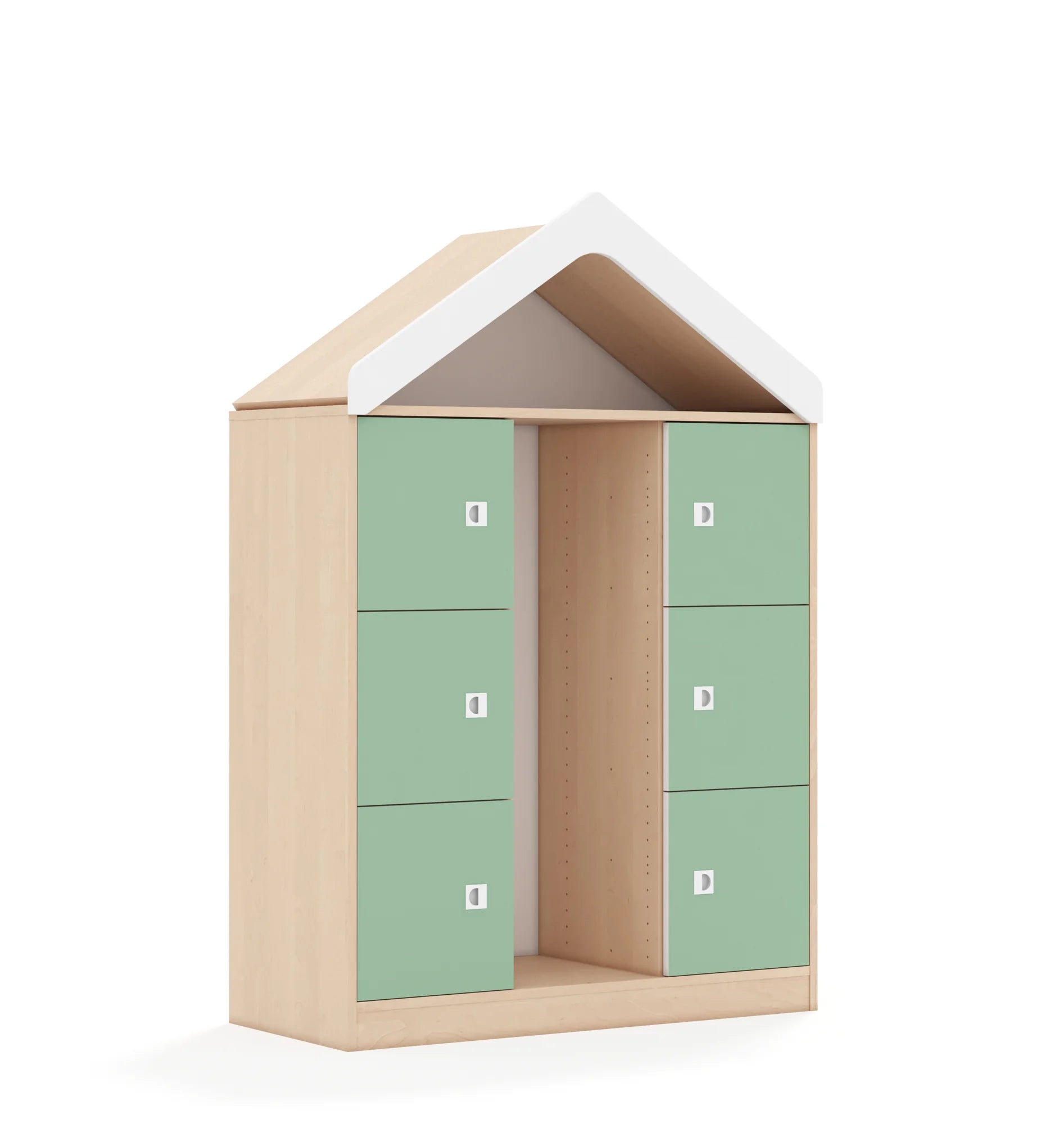 Regał na pojemniki BLOX 110 3PG 6F1 z daszkiem 1049x466x1575 – brzoza / pastelowy zielony