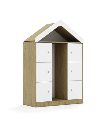 Regał na pojemniki BLOX 110 3PG 6F1 z daszkiem 1049x466x1575 – dąb / biały