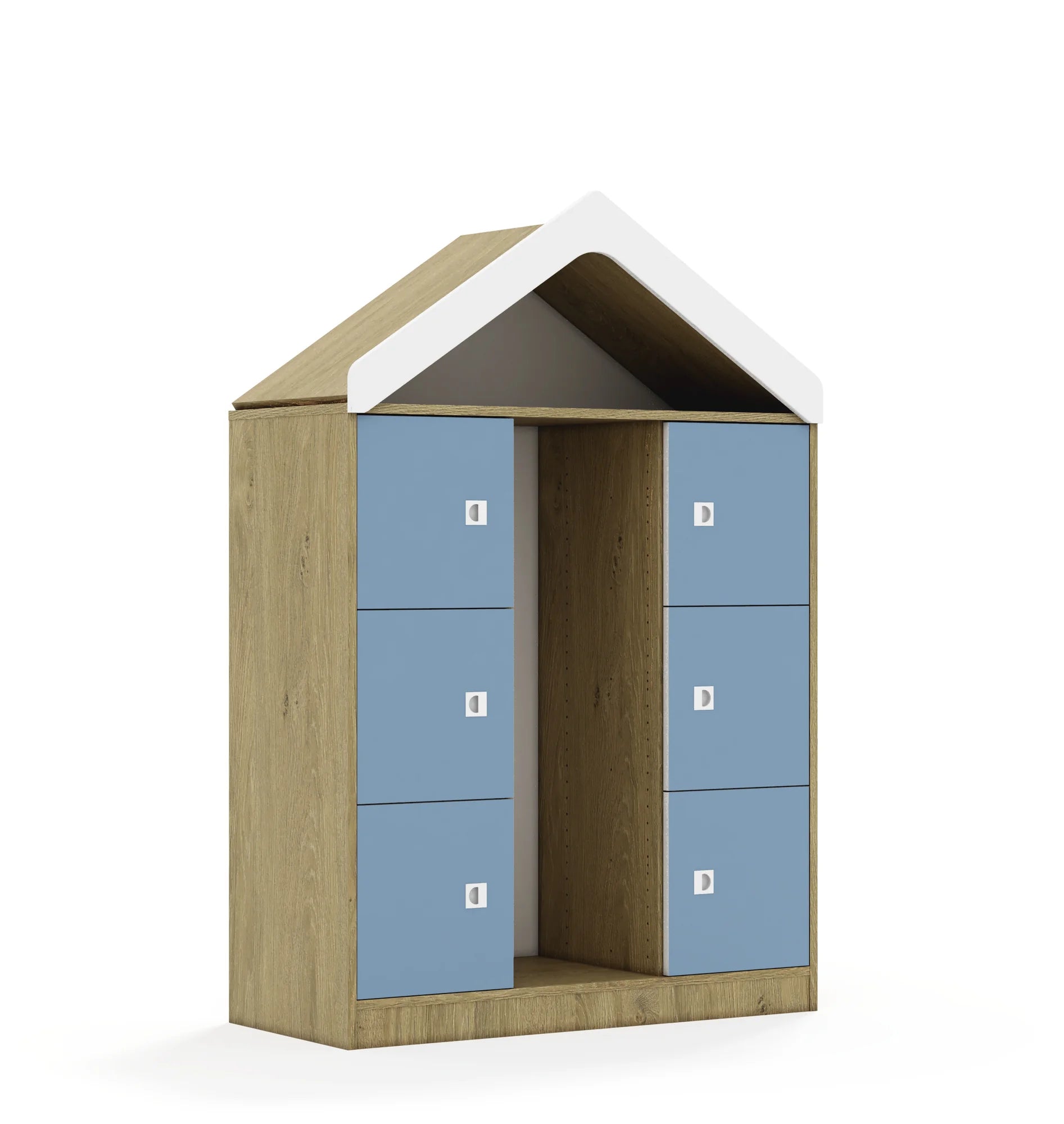 Regał na pojemniki BLOX 110 3PG 6F1 z daszkiem 1049x466x1575 – dąb / pastelowy niebieski