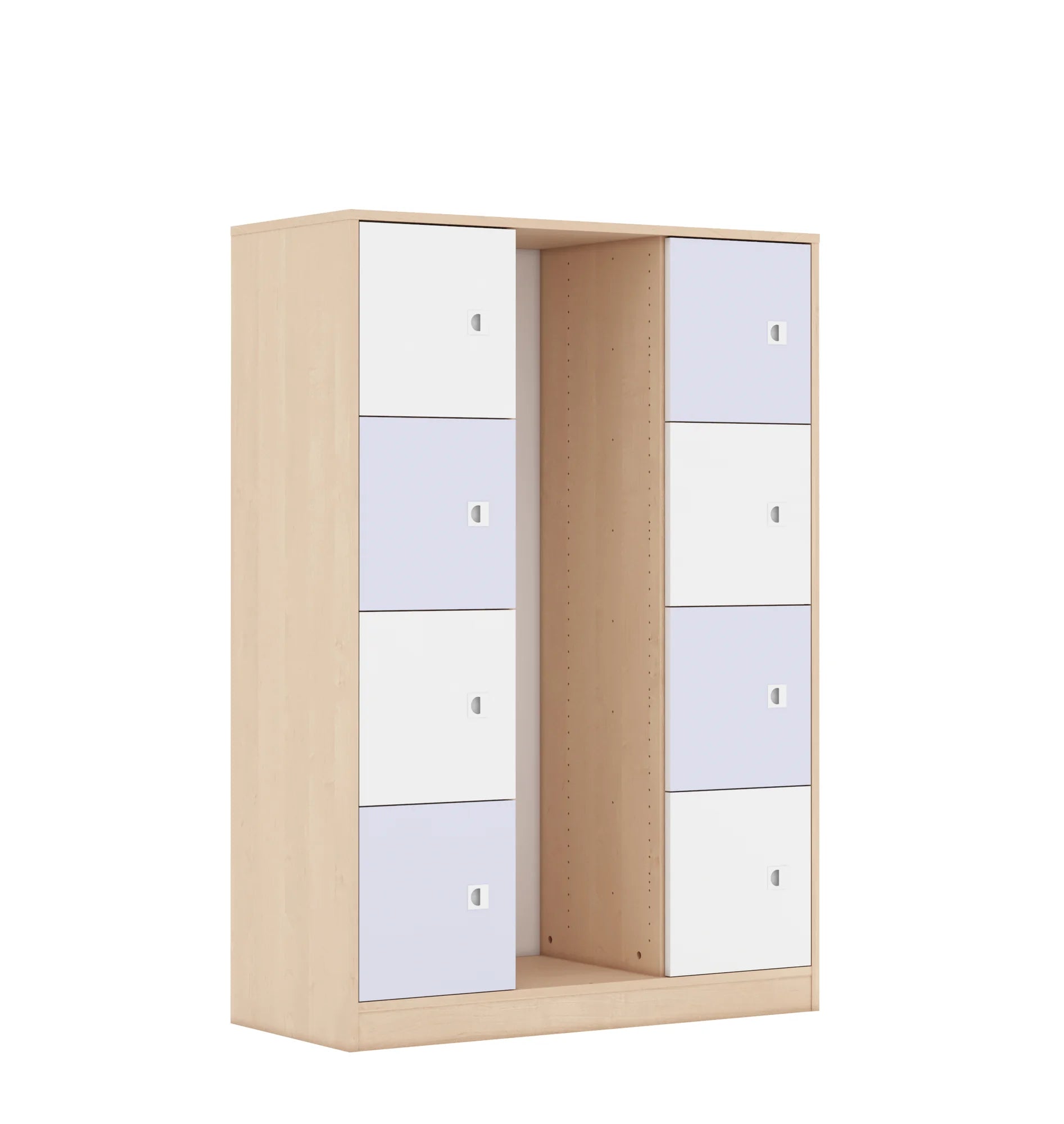 Regał na pojemniki BLOX 110 4PG 8F1 1049x466x1517 – brzoza / biały/pastelowy fioletowy