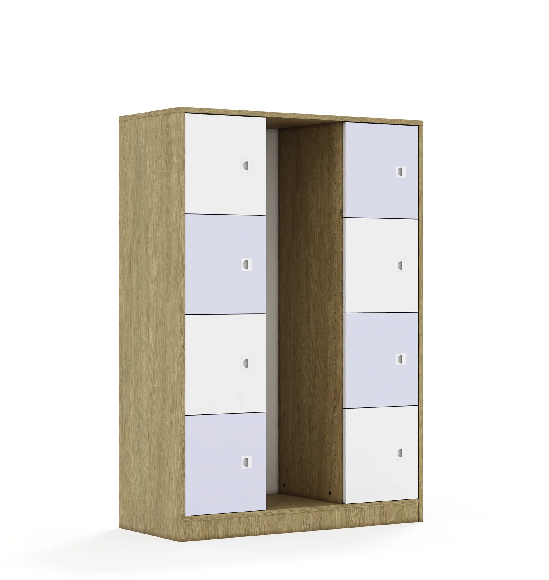 Regał na pojemniki BLOX 110 4PG 8F1 1049x466x1517 – dąb / biały/pastelowy fioletowy