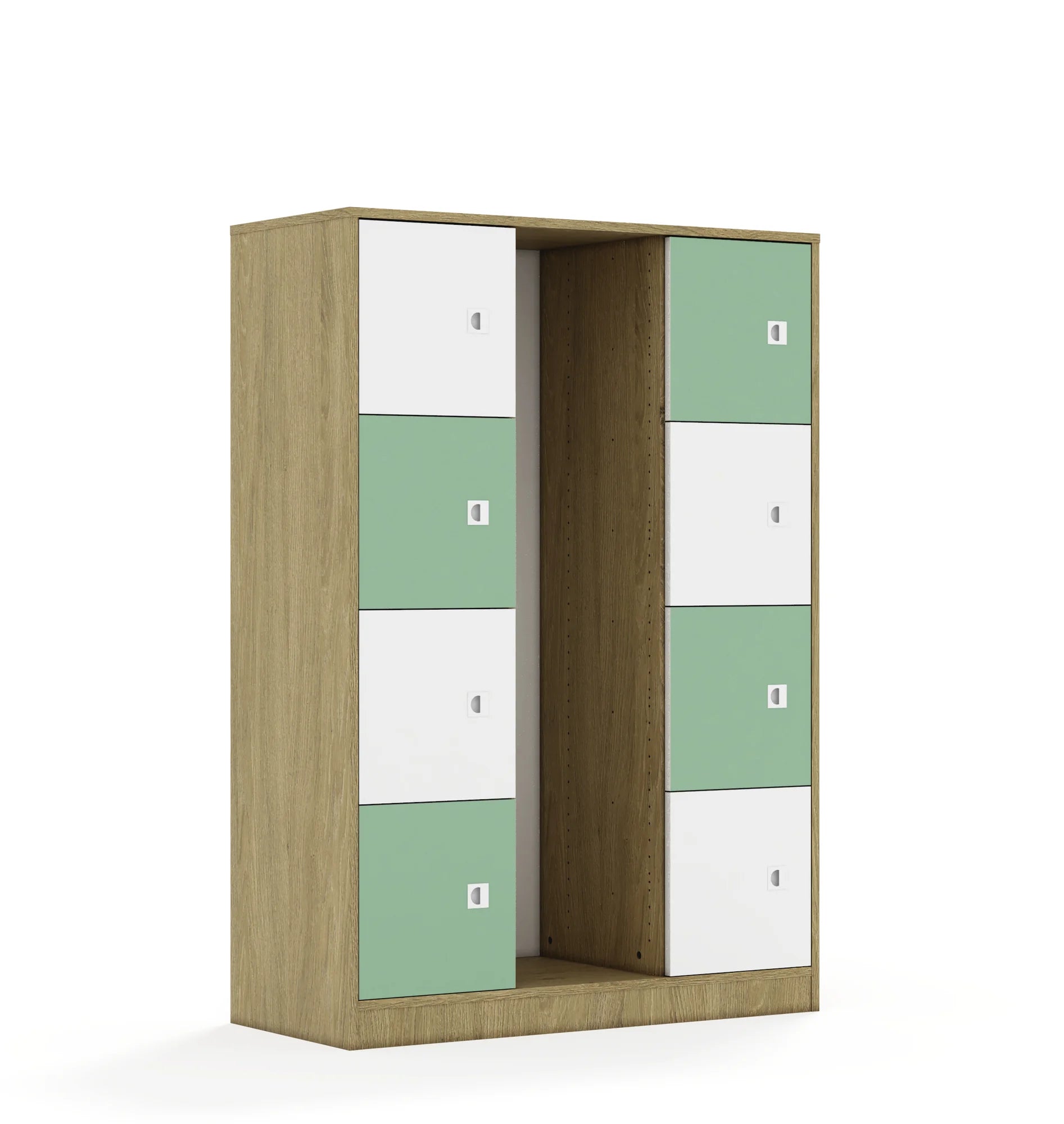 Regał na pojemniki BLOX 110 4PG 8F1 1049x466x1517 – dąb / biały/pastelowy zielony