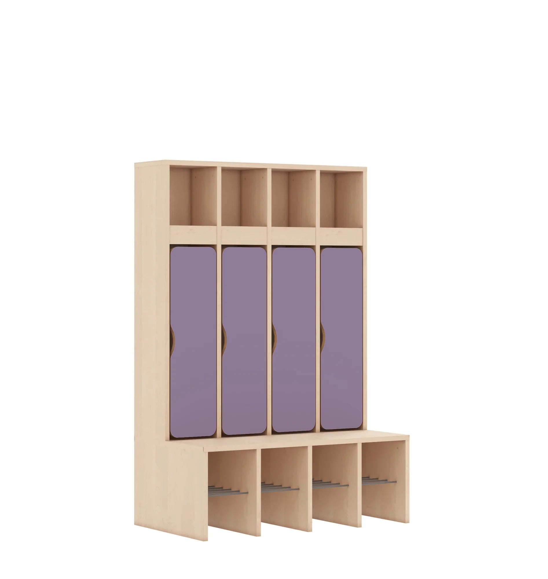 Szatnia czteroosobowa BLOX 890x520x1350 — drzwiczki dolne – brzoza / pastelowy fioletowy