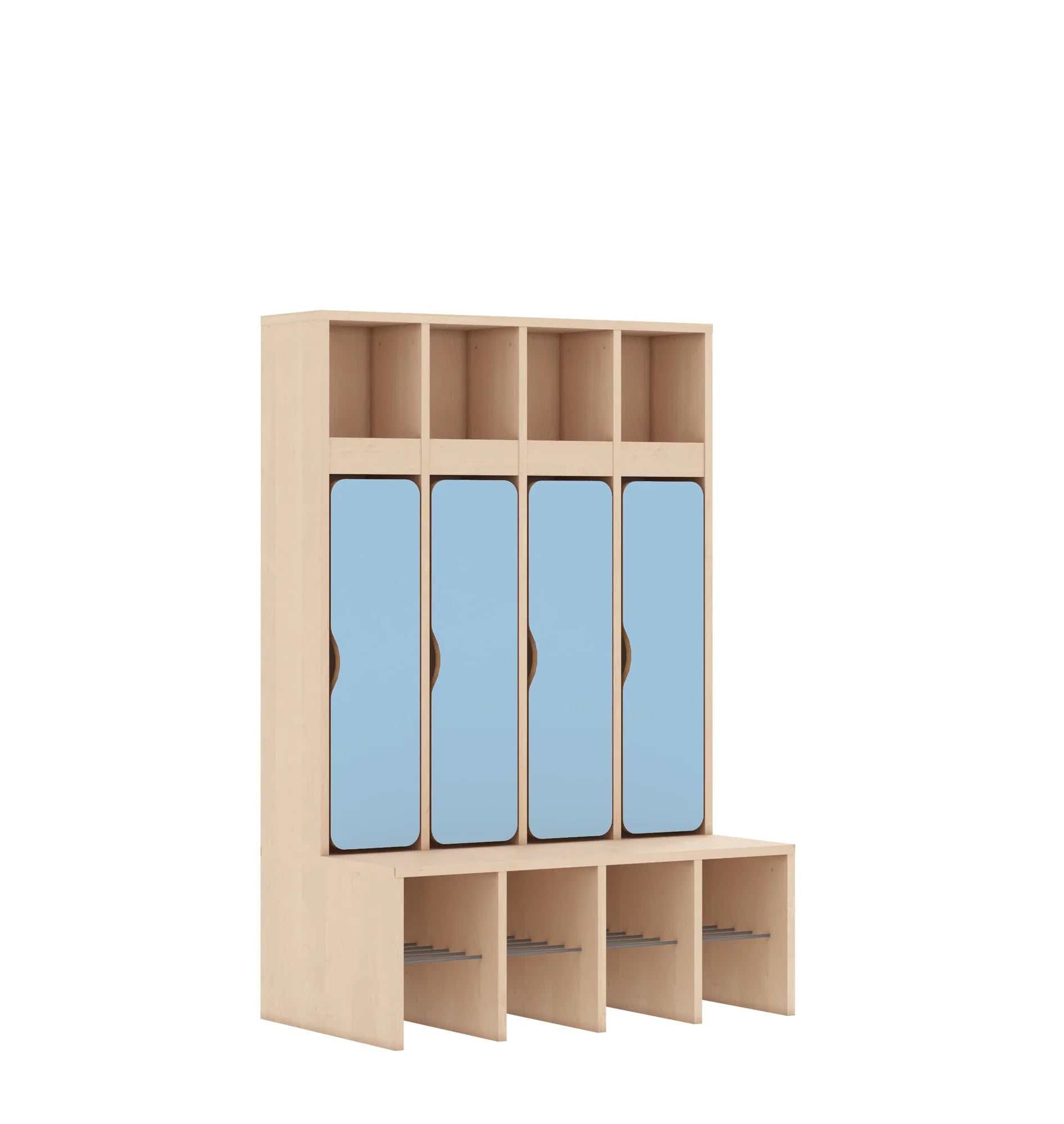Szatnia czteroosobowa BLOX 890x520x1350 — drzwiczki dolne – brzoza / pastelowy niebieski