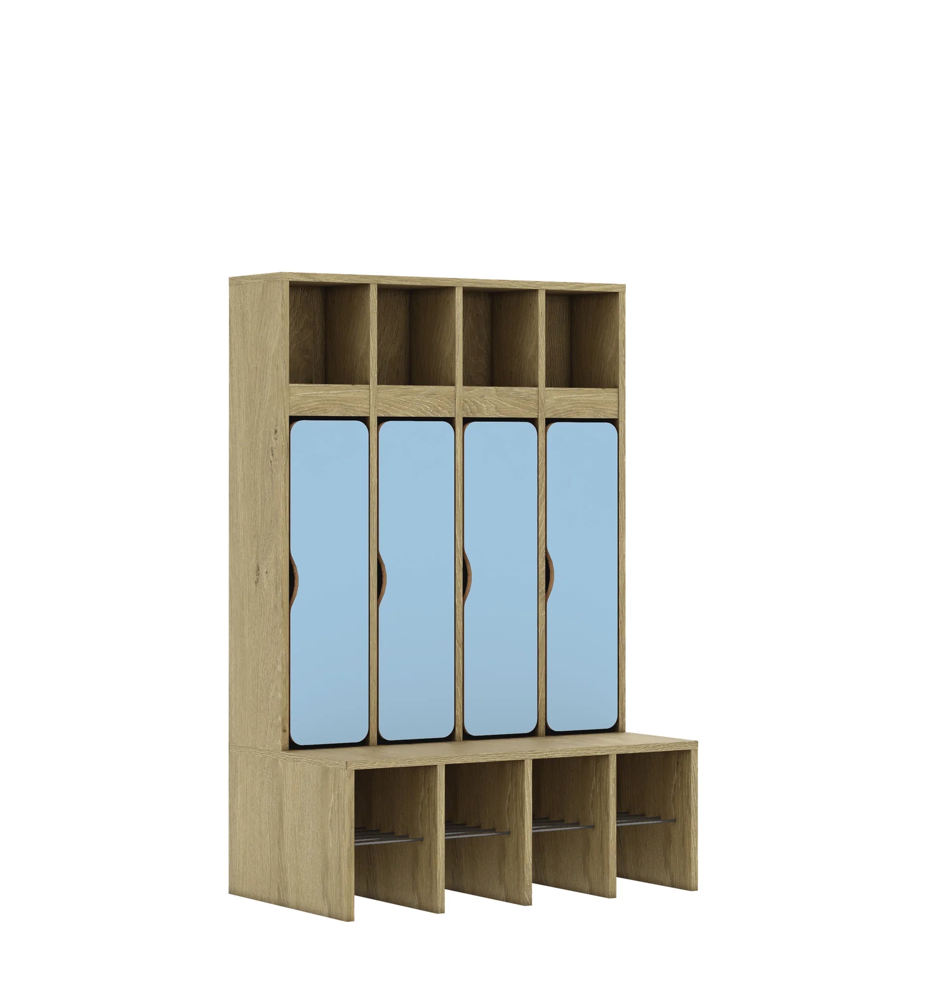 Szatnia czteroosobowa BLOX 890x520x1350 — drzwiczki dolne – dąb / pastelowy niebieski