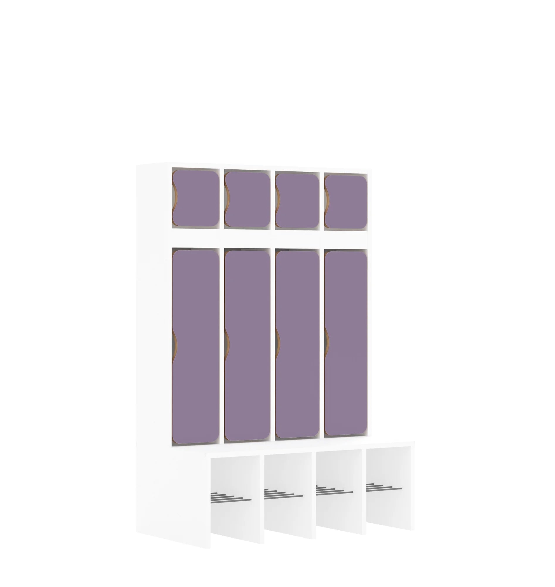 Szatnia czteroosobowa BLOX 890x520x1350 — drzwiczki góra/dół – biały / pastelowy fioletowy