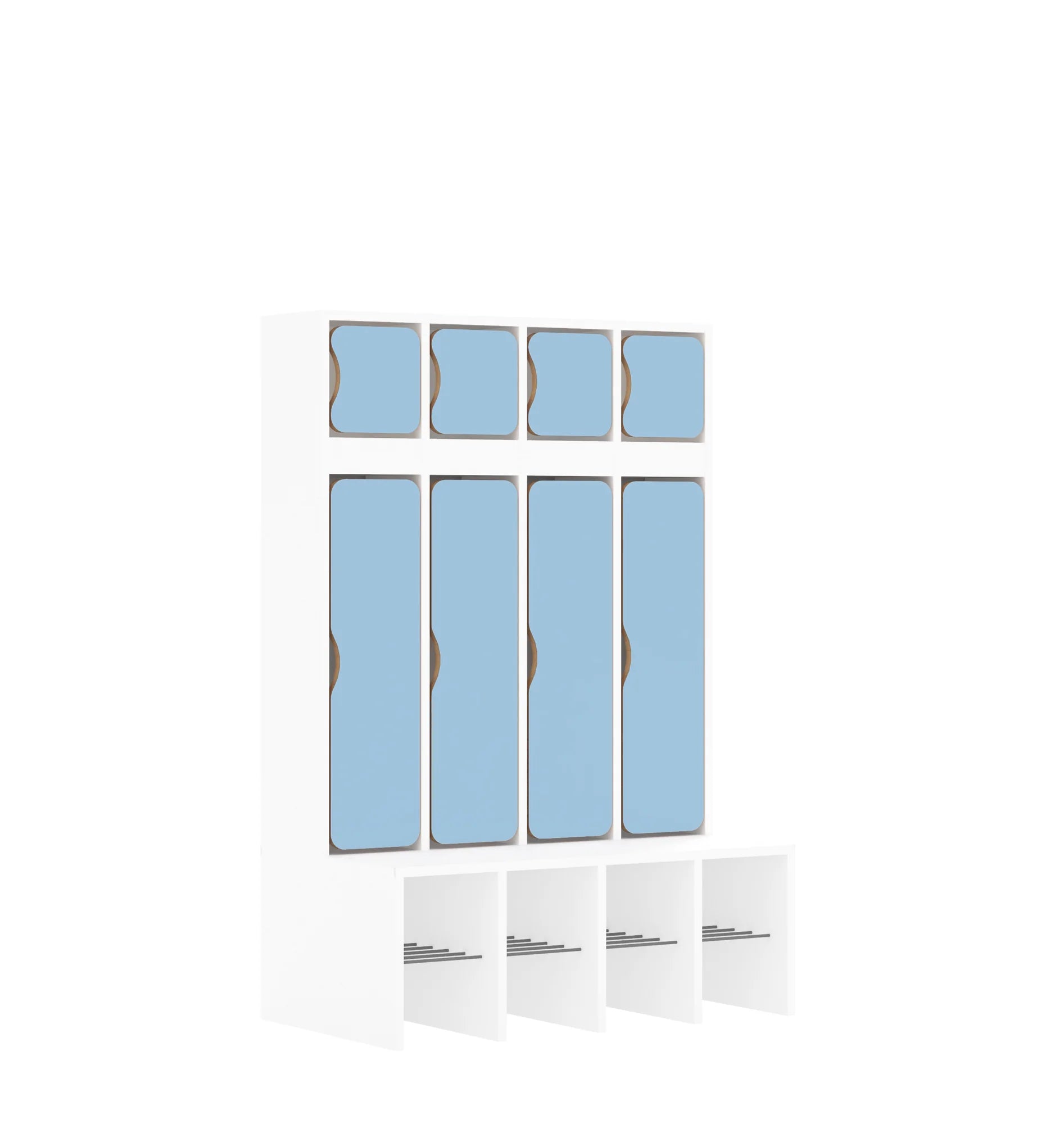 Szatnia czteroosobowa BLOX 890x520x1350 — drzwiczki góra/dół – biały / pastelowy niebieski
