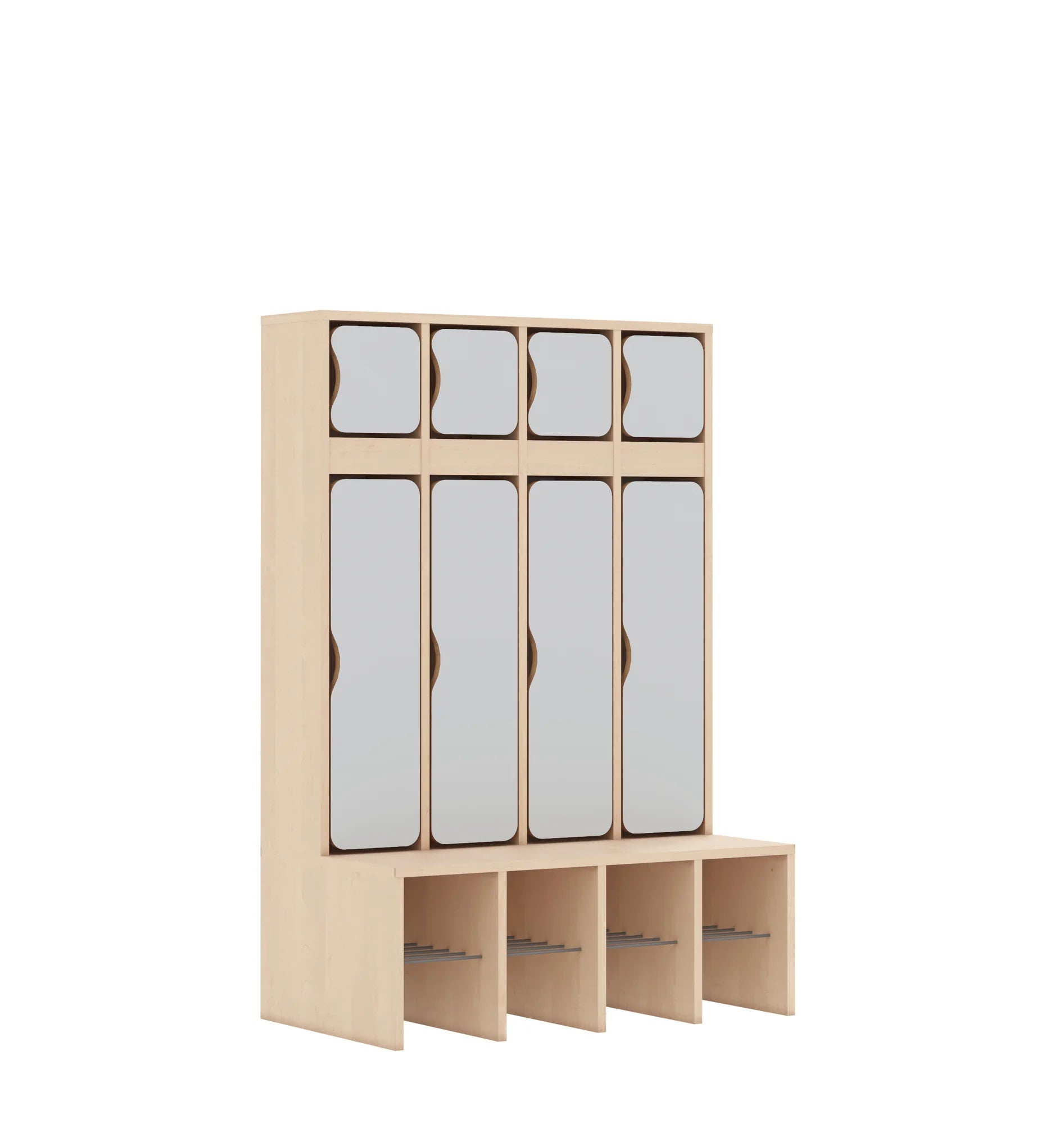 Szatnia czteroosobowa BLOX 890x520x1350 — drzwiczki góra/dół – brzoza / jasny szary