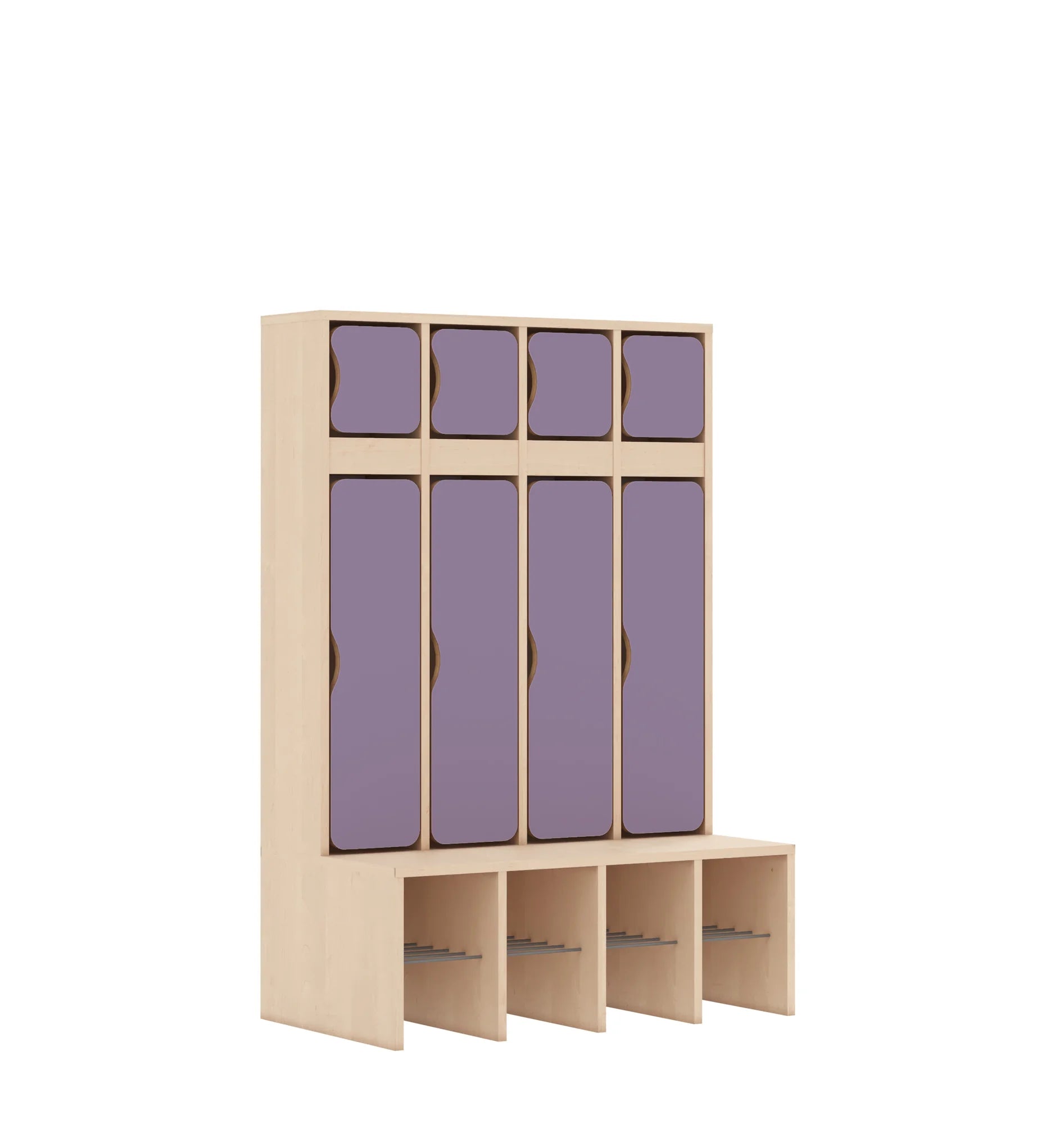 Szatnia czteroosobowa BLOX 890x520x1350 — drzwiczki góra/dół – brzoza / pastelowy fioletowy