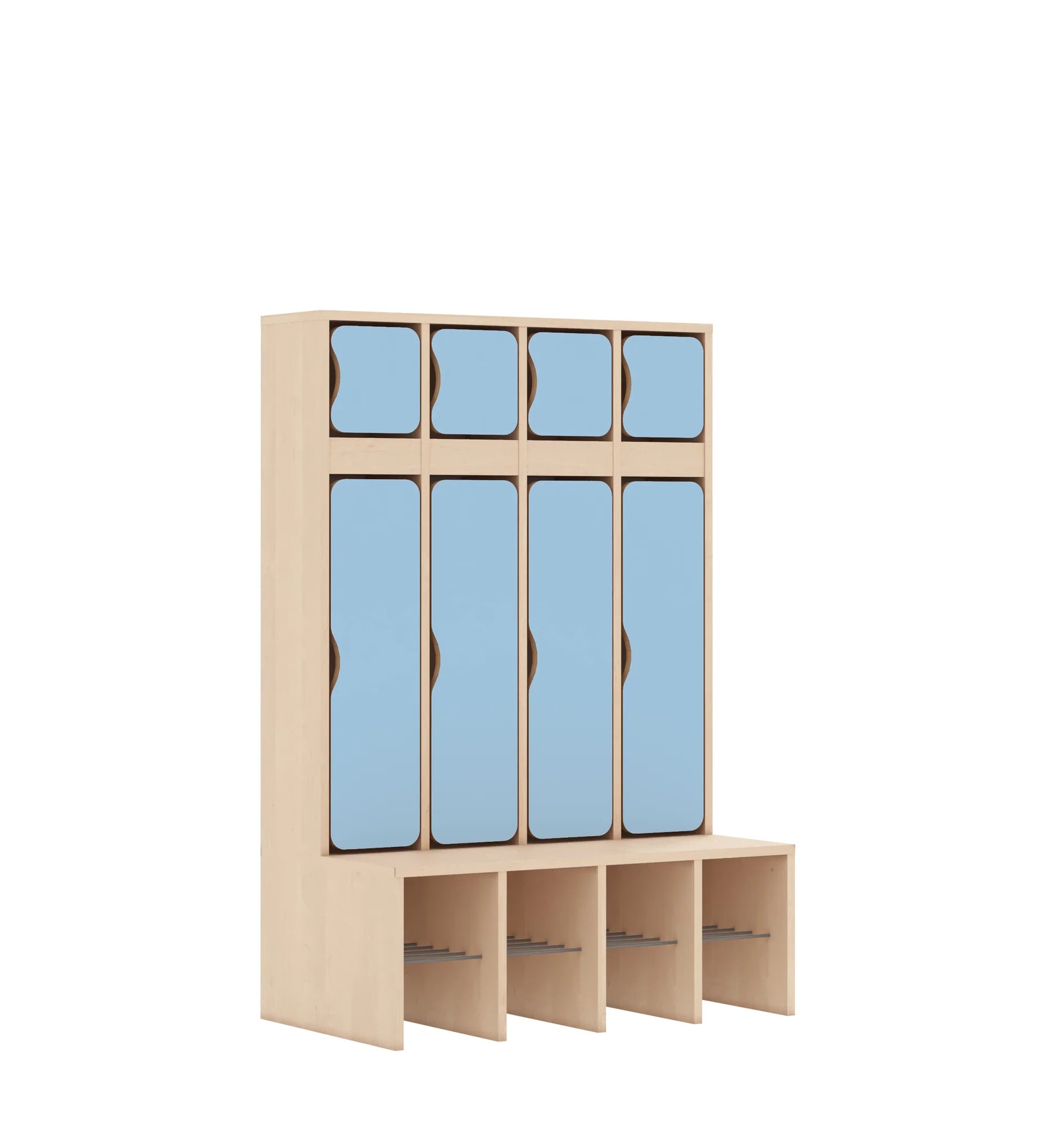 Szatnia czteroosobowa BLOX 890x520x1350 — drzwiczki góra/dół – brzoza / pastelowy niebieski