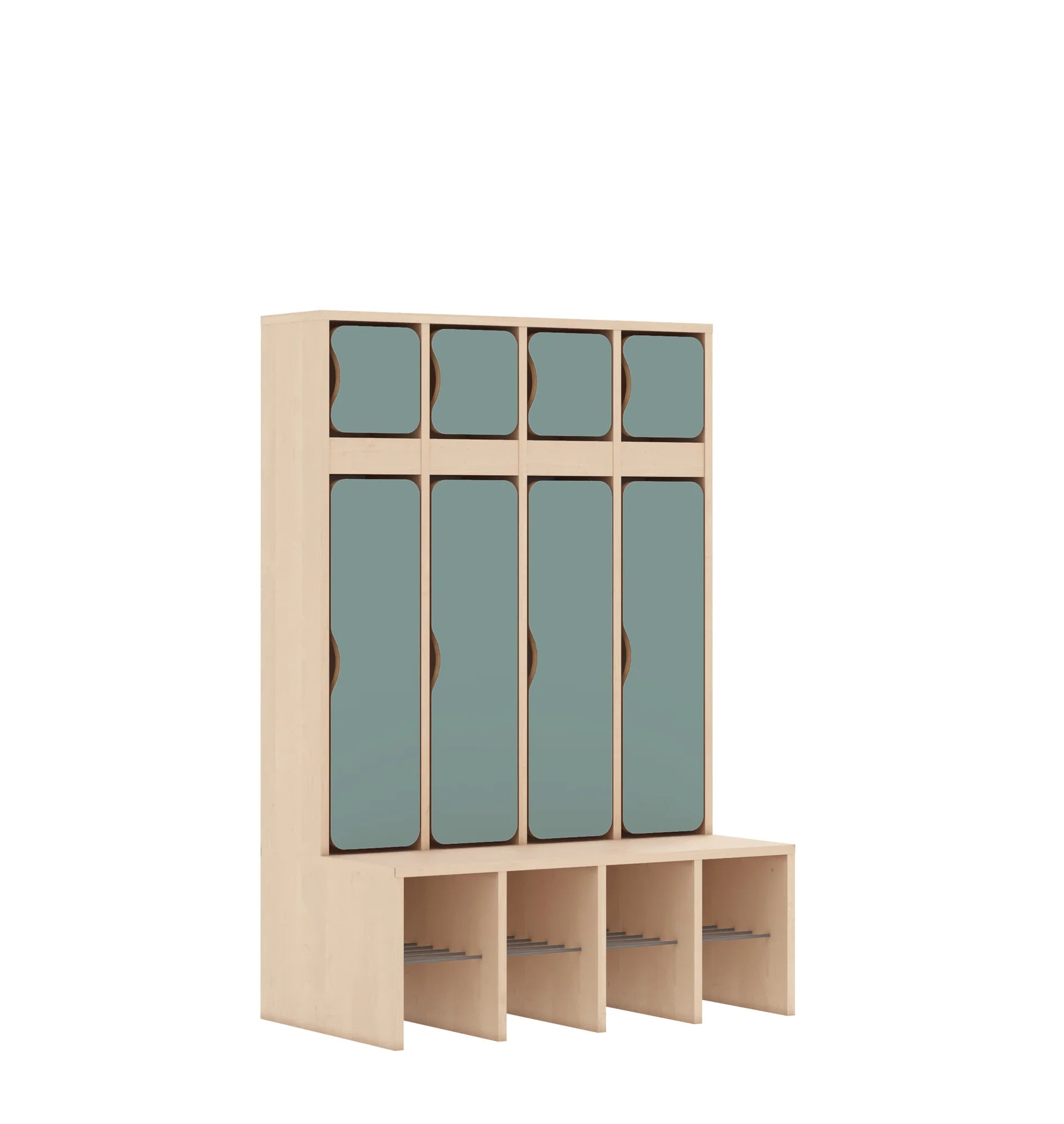 Szatnia czteroosobowa BLOX 890x520x1350 — drzwiczki góra/dół – brzoza / pastelowy zielony