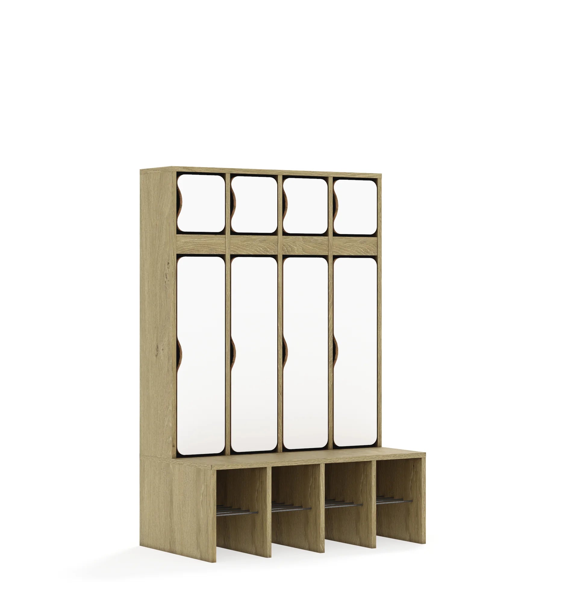 Szatnia czteroosobowa BLOX 890x520x1350 — drzwiczki góra/dół – dąb / biały