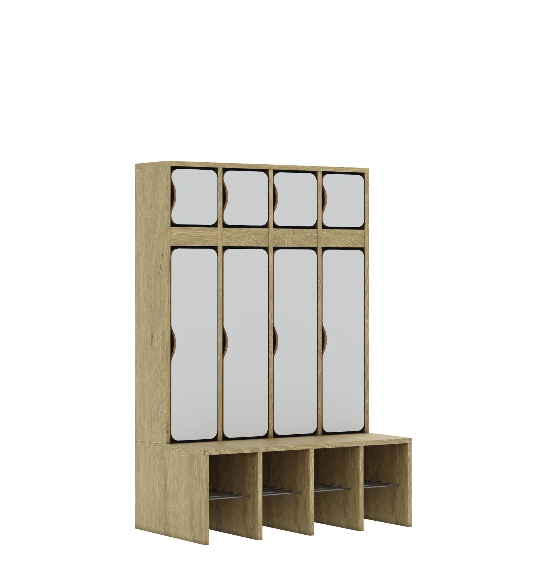 Szatnia czteroosobowa BLOX 890x520x1350 — drzwiczki góra/dół – dąb / jasny szary