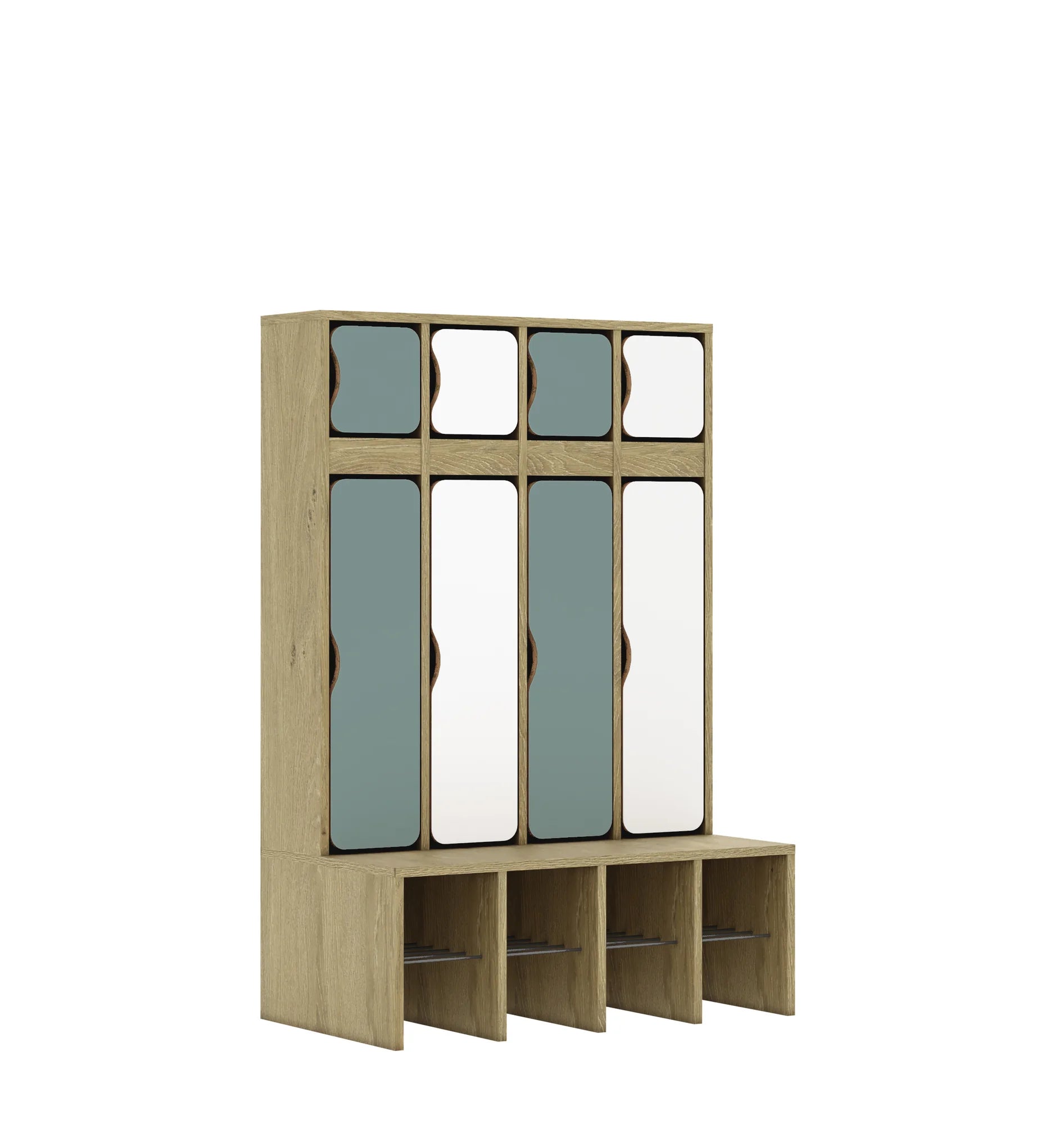 Szatnia czteroosobowa BLOX 890x520x1350 — drzwiczki góra/dół – dąb / Mix 4