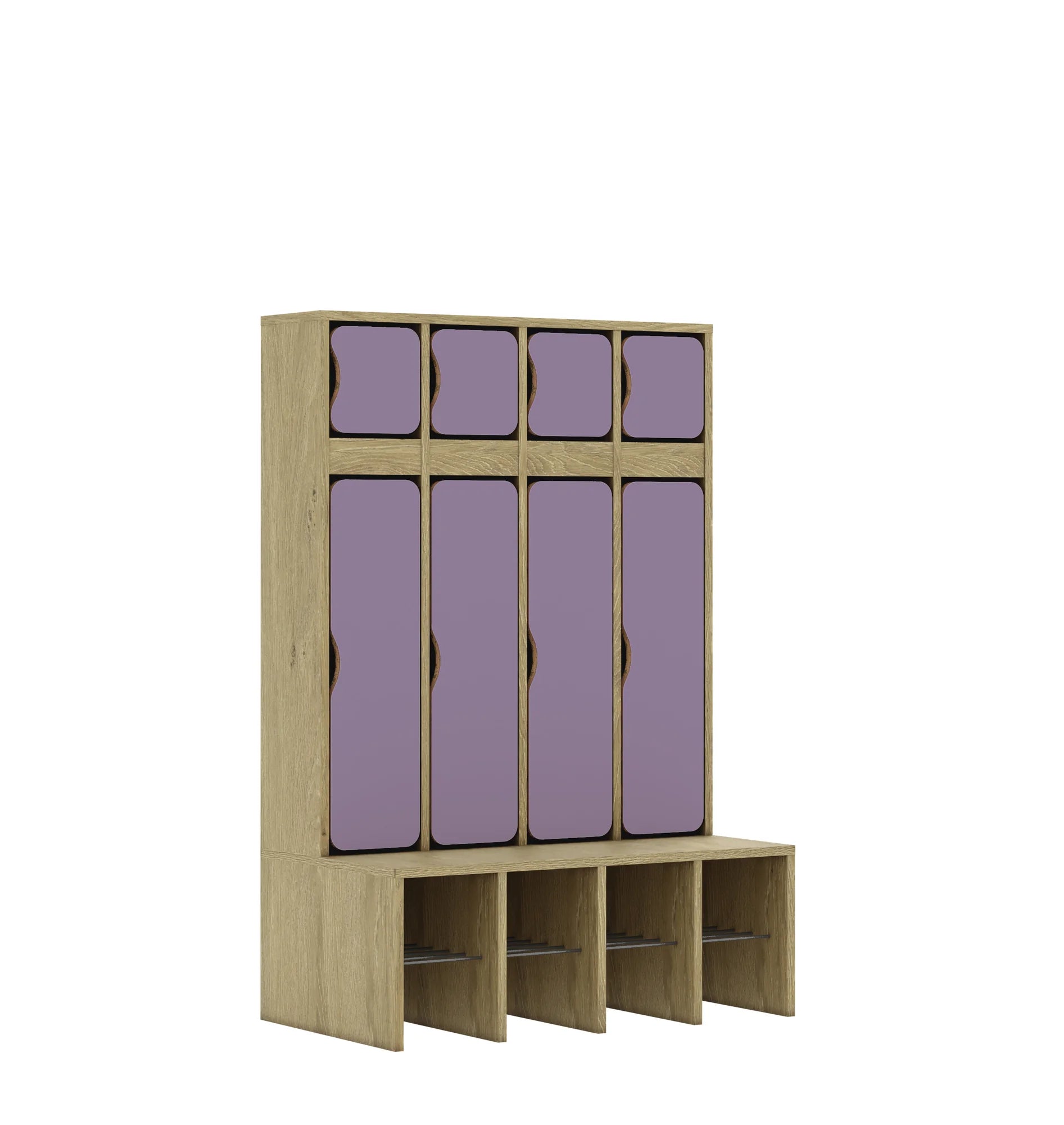 Szatnia czteroosobowa BLOX 890x520x1350 — drzwiczki góra/dół – dąb / pastelowy fioletowy