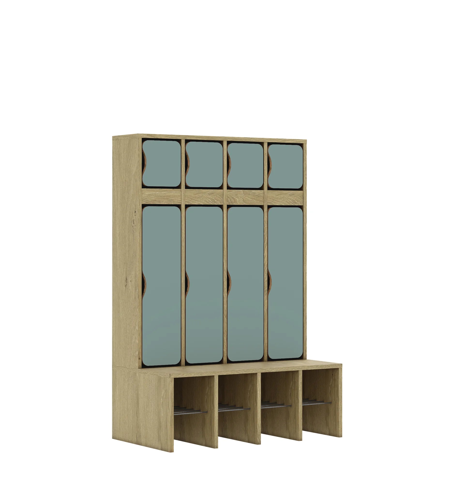 Szatnia czteroosobowa BLOX 890x520x1350 — drzwiczki góra/dół – dąb / pastelowy zielony