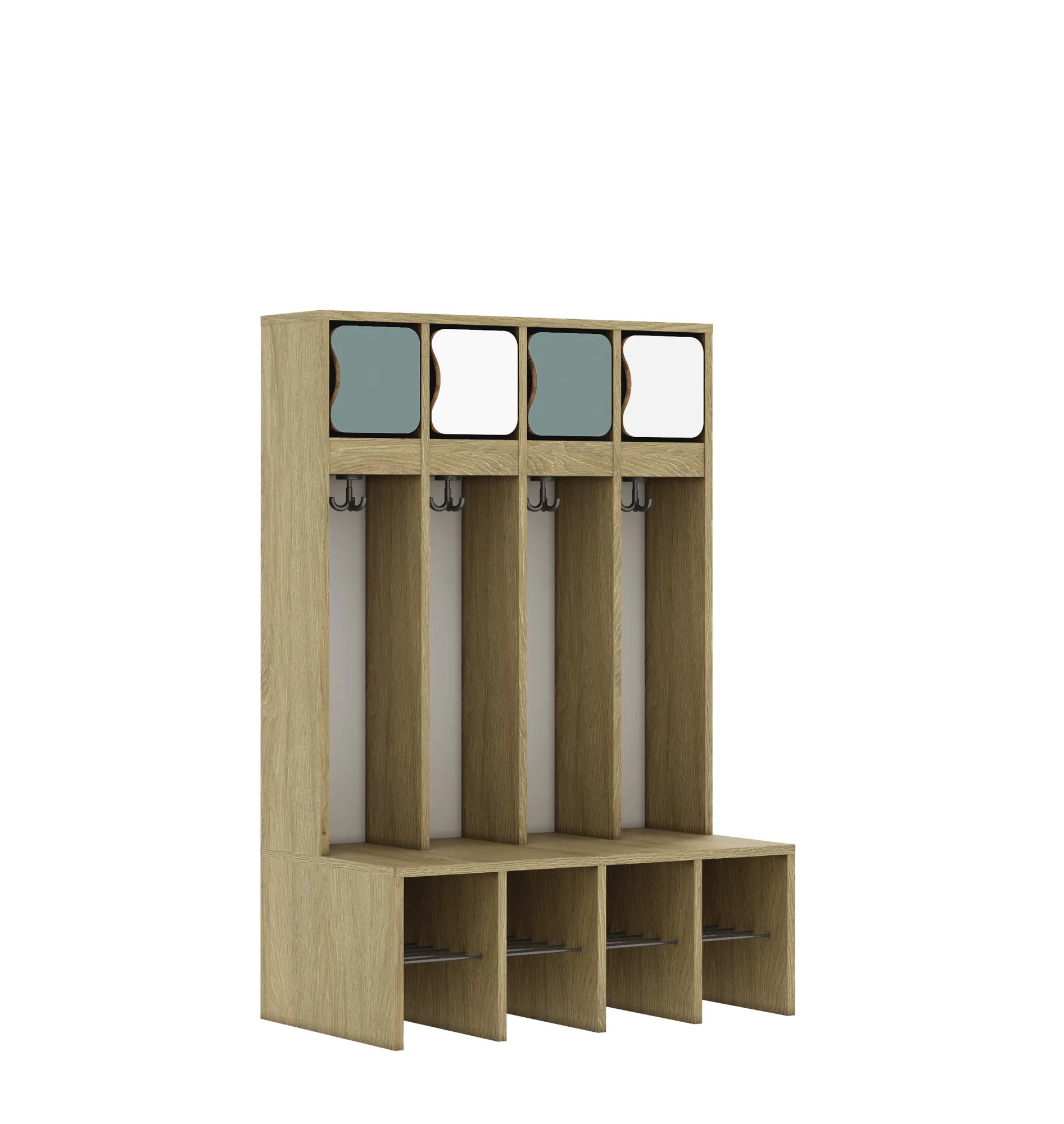 Szatnia czteroosobowa BLOX 890x520x1350 — drzwiczki górne – dąb / Mix 4