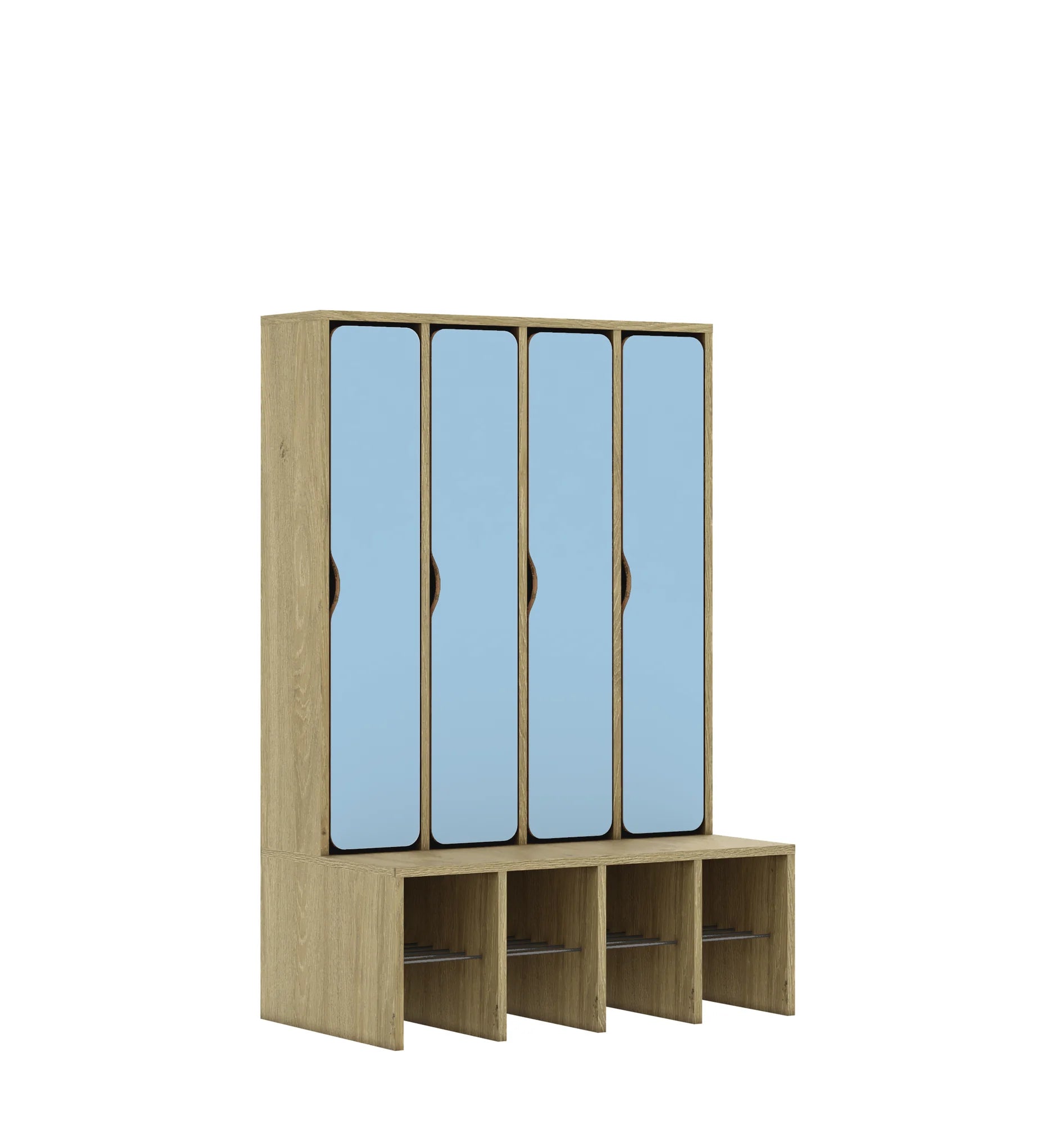 Szatnia czteroosobowa BLOX 890x520x1350 — drzwiczki pełne – dąb / pastelowy niebieski