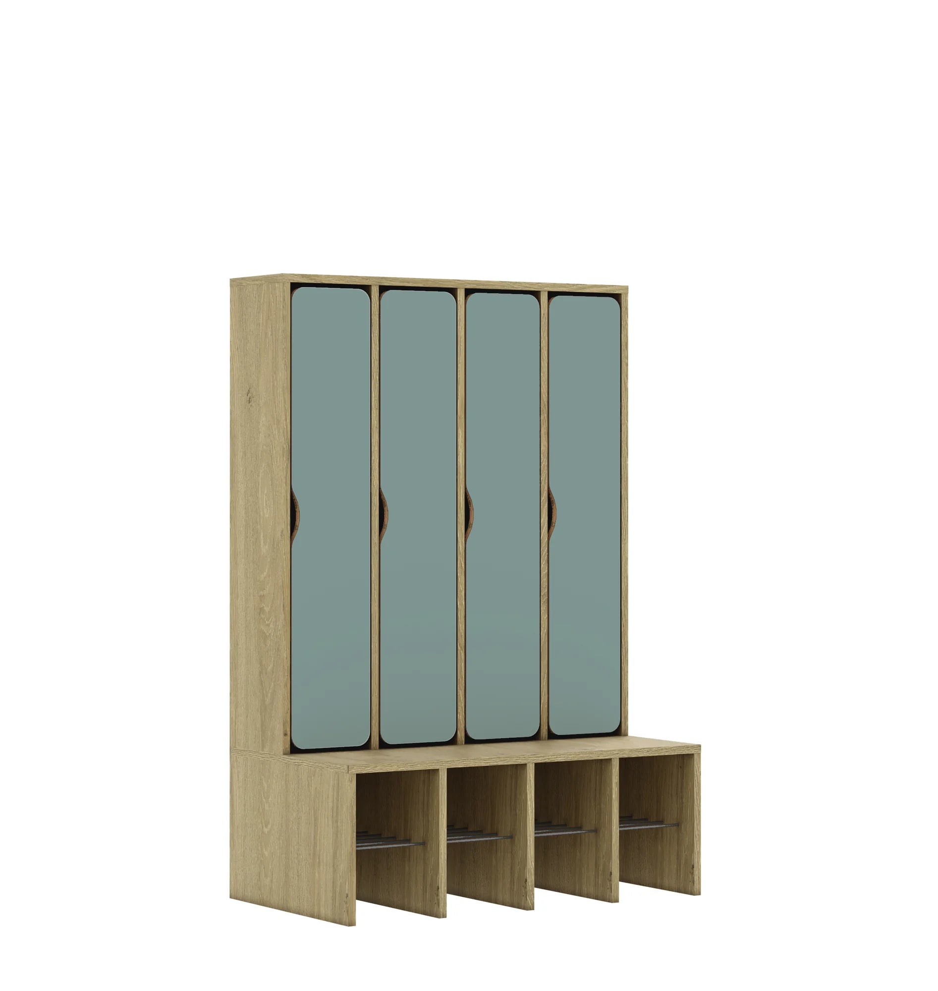 Szatnia czteroosobowa BLOX 890x520x1350 — drzwiczki pełne – dąb / pastelowy zielony