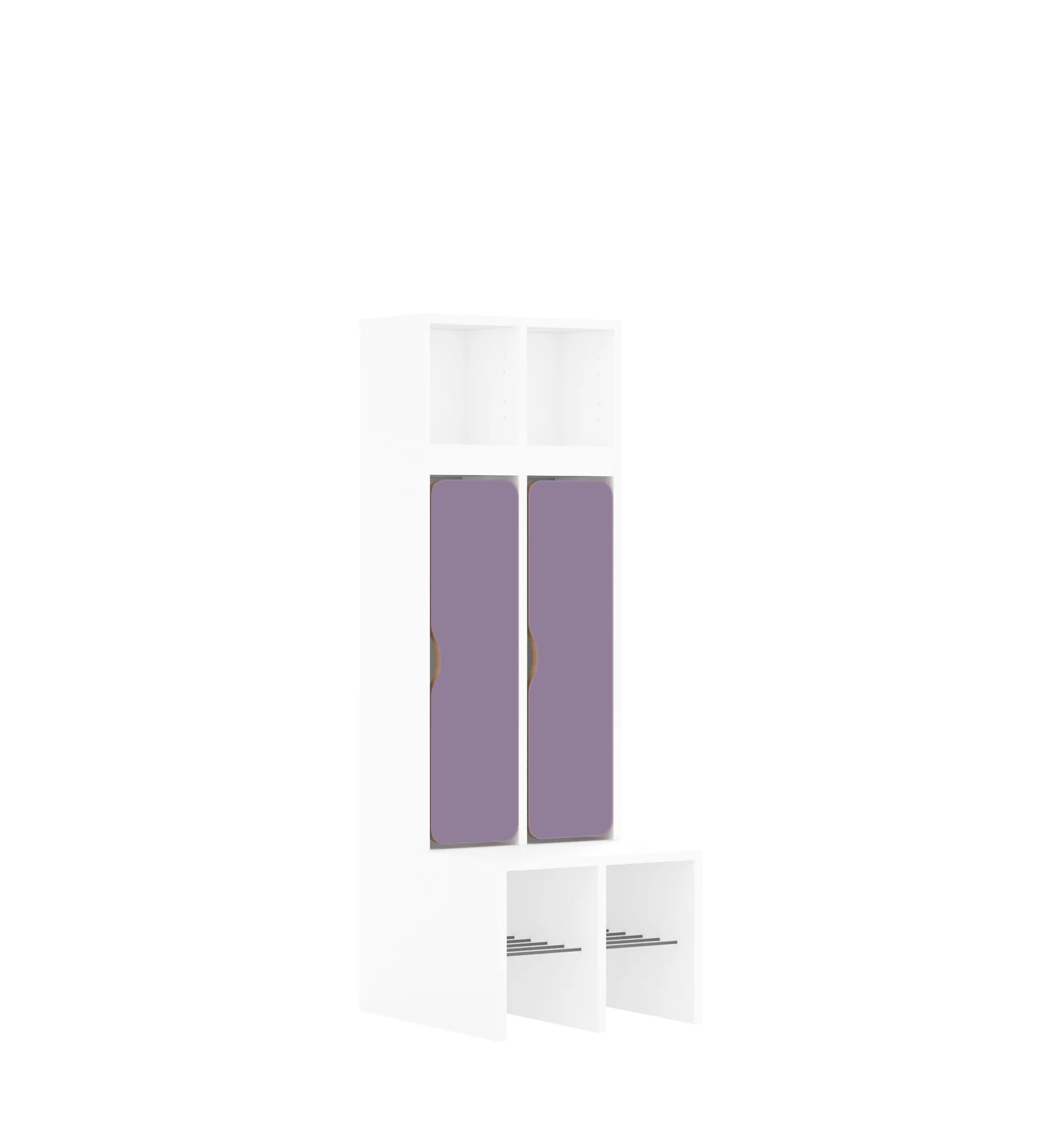 Szatnia dwuosobowa BLOX 455x520x1350 — drzwiczki dolne – biały / pastelowy fioletowy