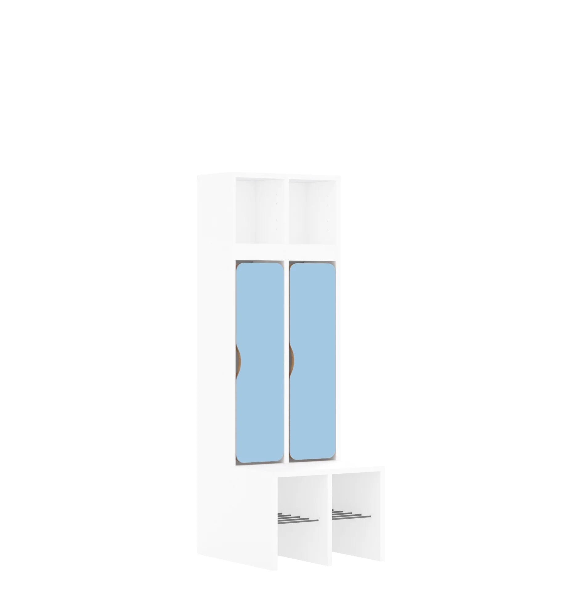 Szatnia dwuosobowa BLOX 455x520x1350 — drzwiczki dolne – biały / pastelowy niebieski