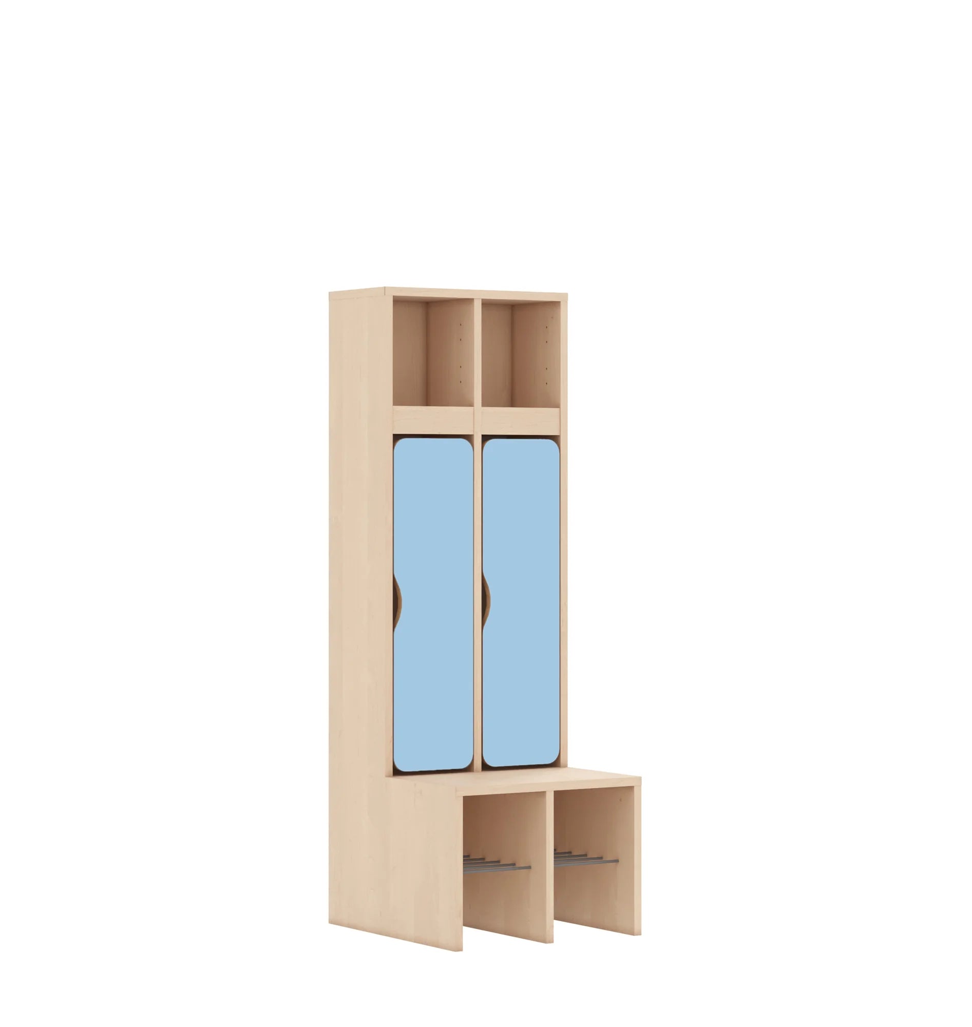 Szatnia dwuosobowa BLOX 455x520x1350 — drzwiczki dolne – brzoza / pastelowy niebieski