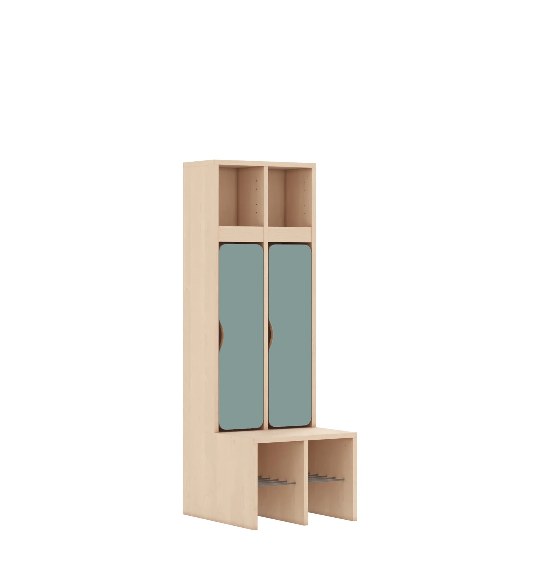 Szatnia dwuosobowa BLOX 455x520x1350 — drzwiczki dolne – brzoza / pastelowy zielony
