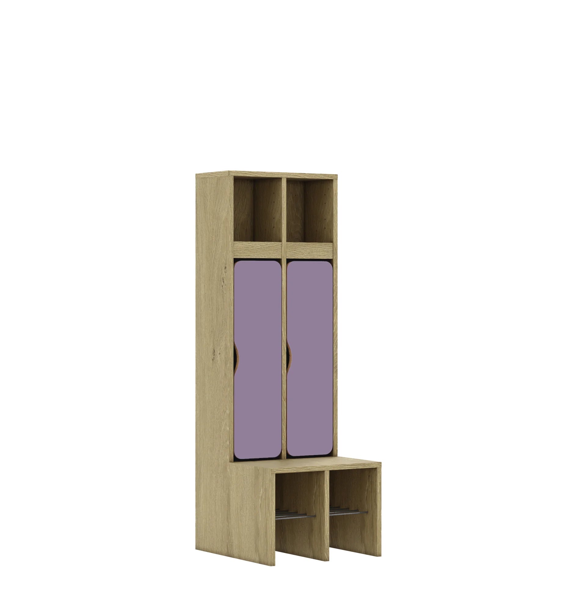 Szatnia dwuosobowa BLOX 455x520x1350 — drzwiczki dolne – dąb / pastelowy fioletowy