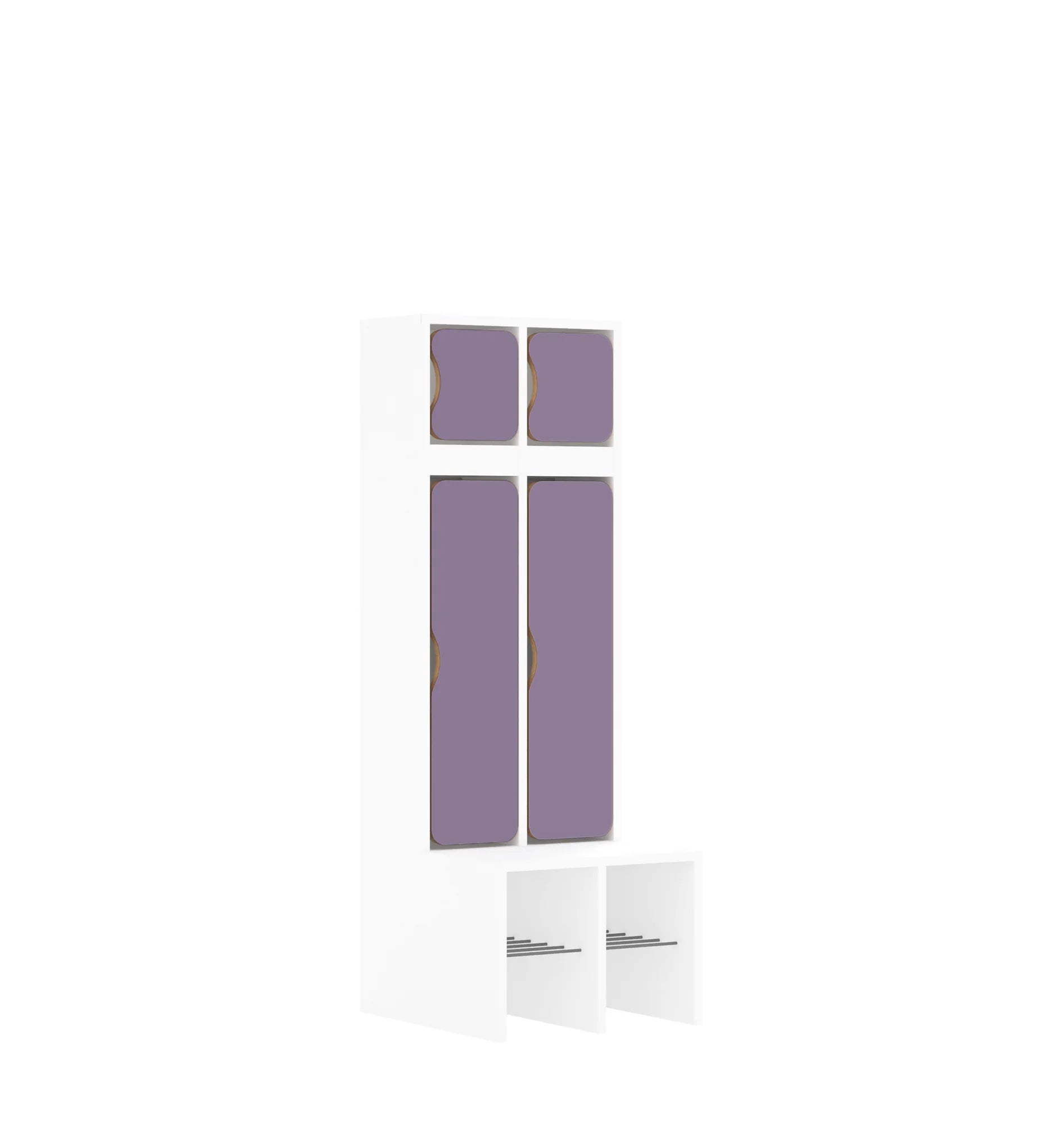 Szatnia dwuosobowa BLOX 455x520x1350 — drzwiczki góra/dół – biały / pastelowy fioletowy