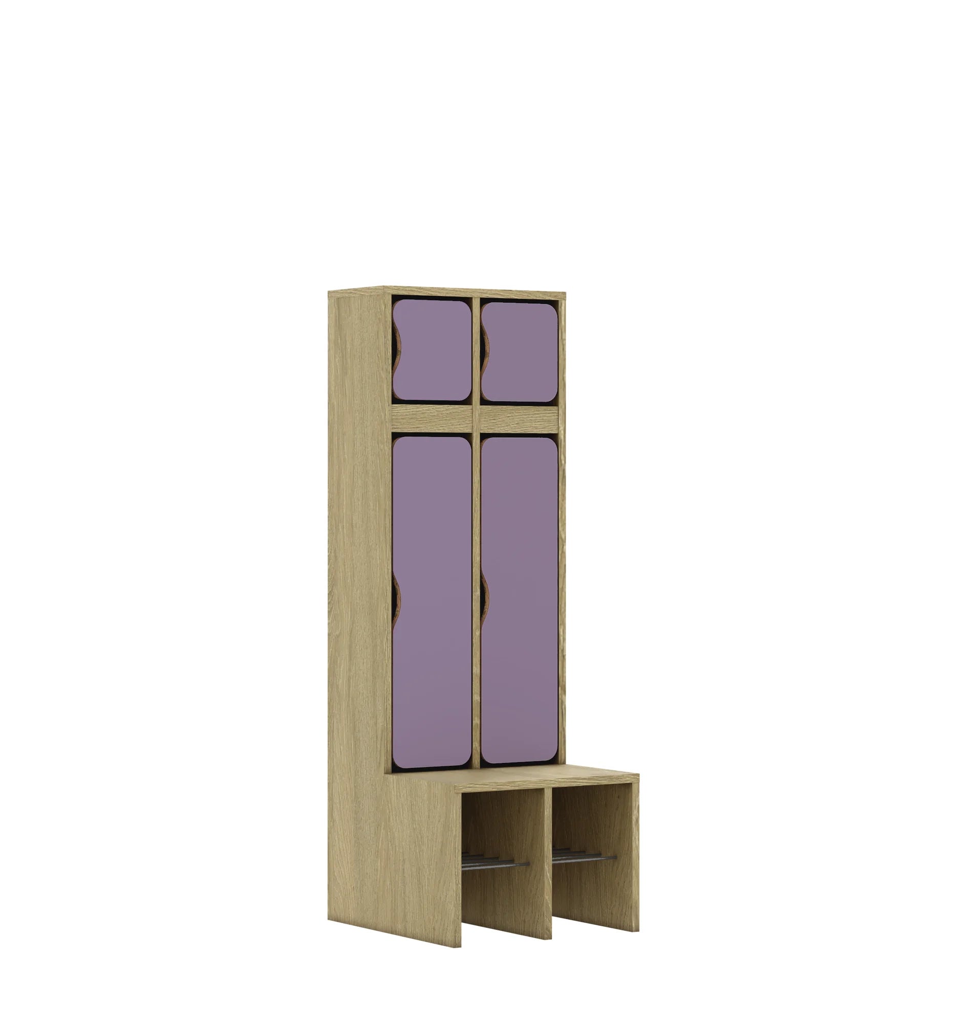 Szatnia dwuosobowa BLOX 455x520x1350 — drzwiczki góra/dół – dąb / pastelowy fioletowy