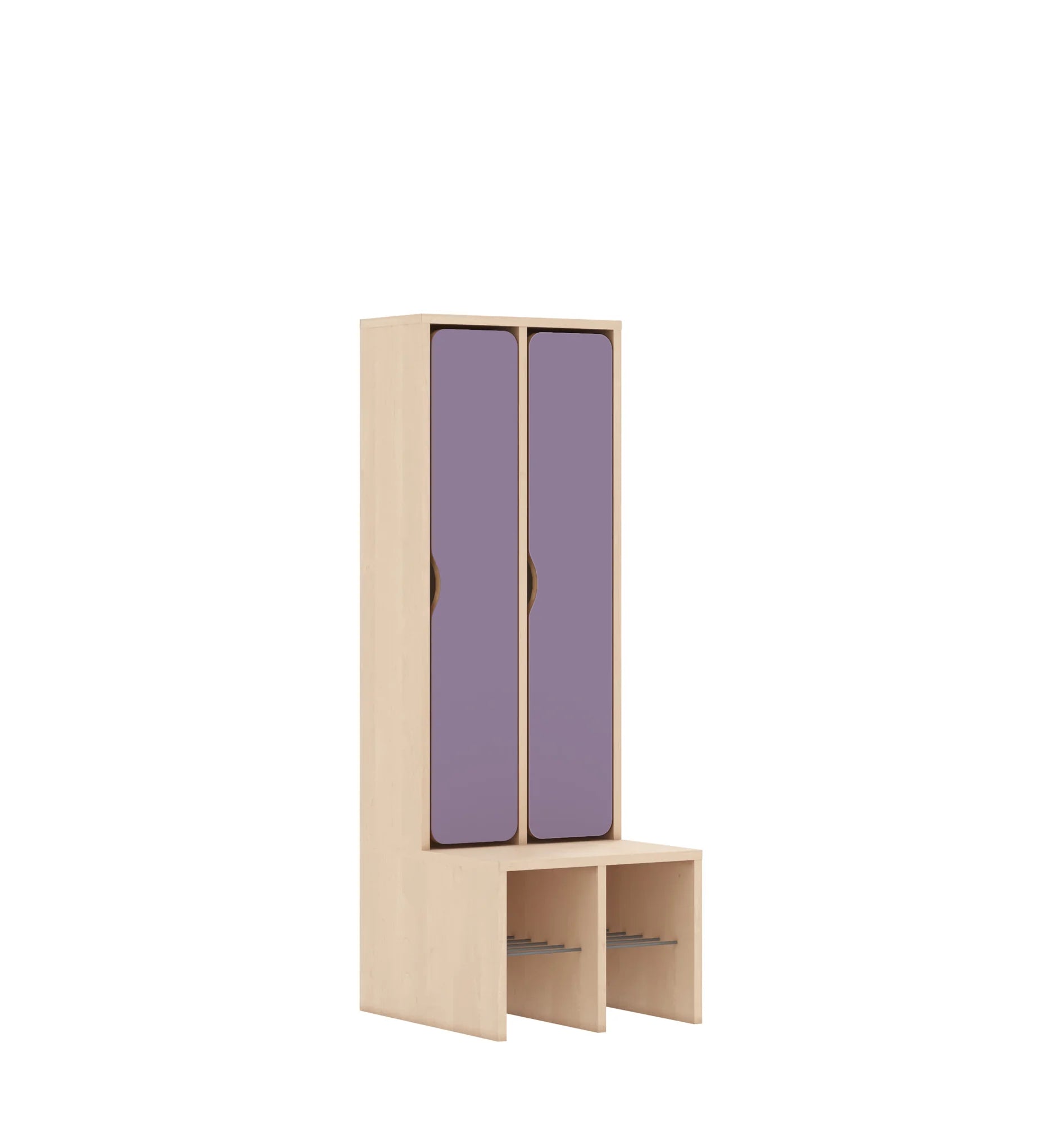 Szatnia dwuosobowa BLOX 455x520x1350 — drzwiczki pełne – brzoza / pastelowy fioletowy
