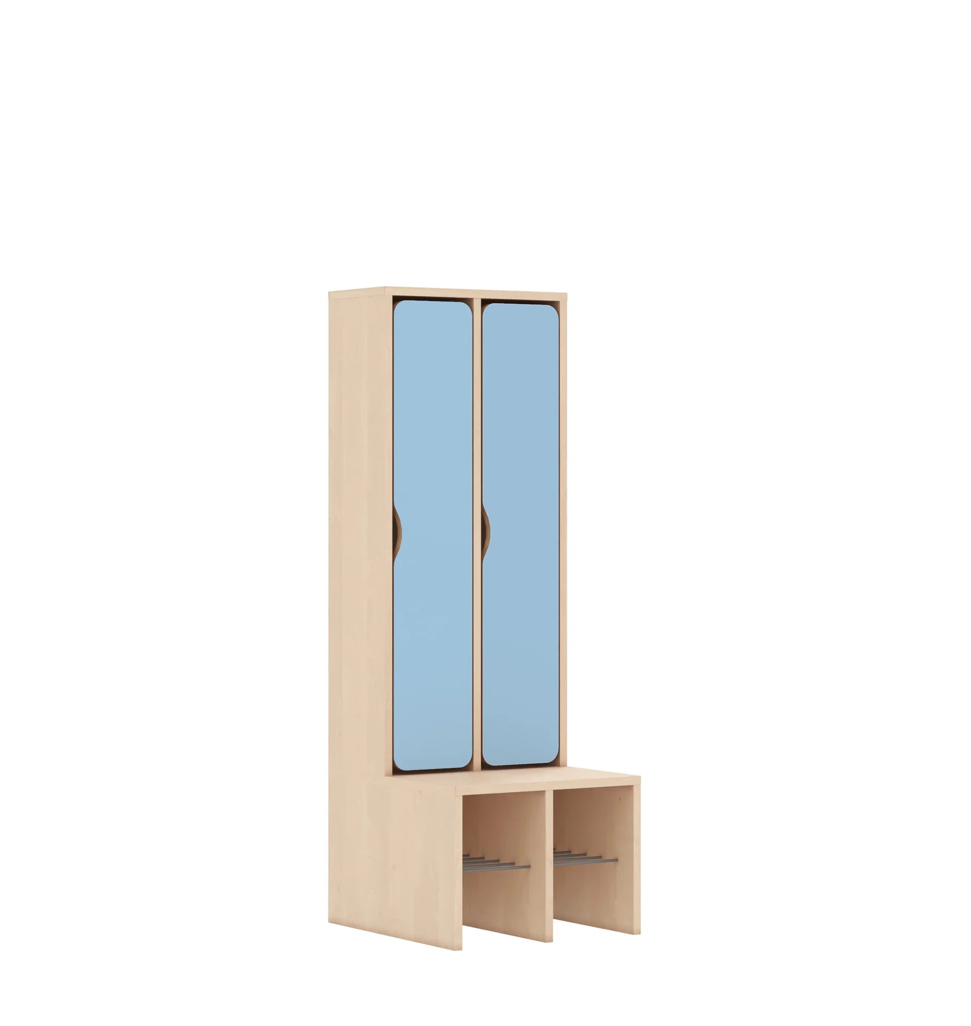 Szatnia dwuosobowa BLOX 455x520x1350 — drzwiczki pełne – brzoza / pastelowy niebieski
