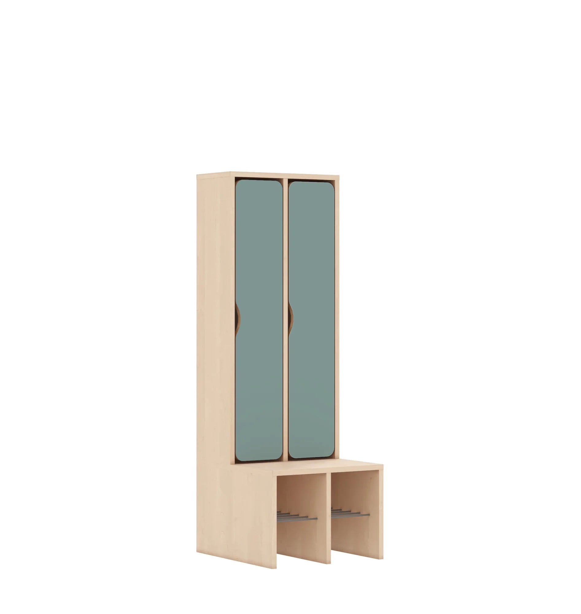 Szatnia dwuosobowa BLOX 455x520x1350 — drzwiczki pełne – brzoza / pastelowy zielony