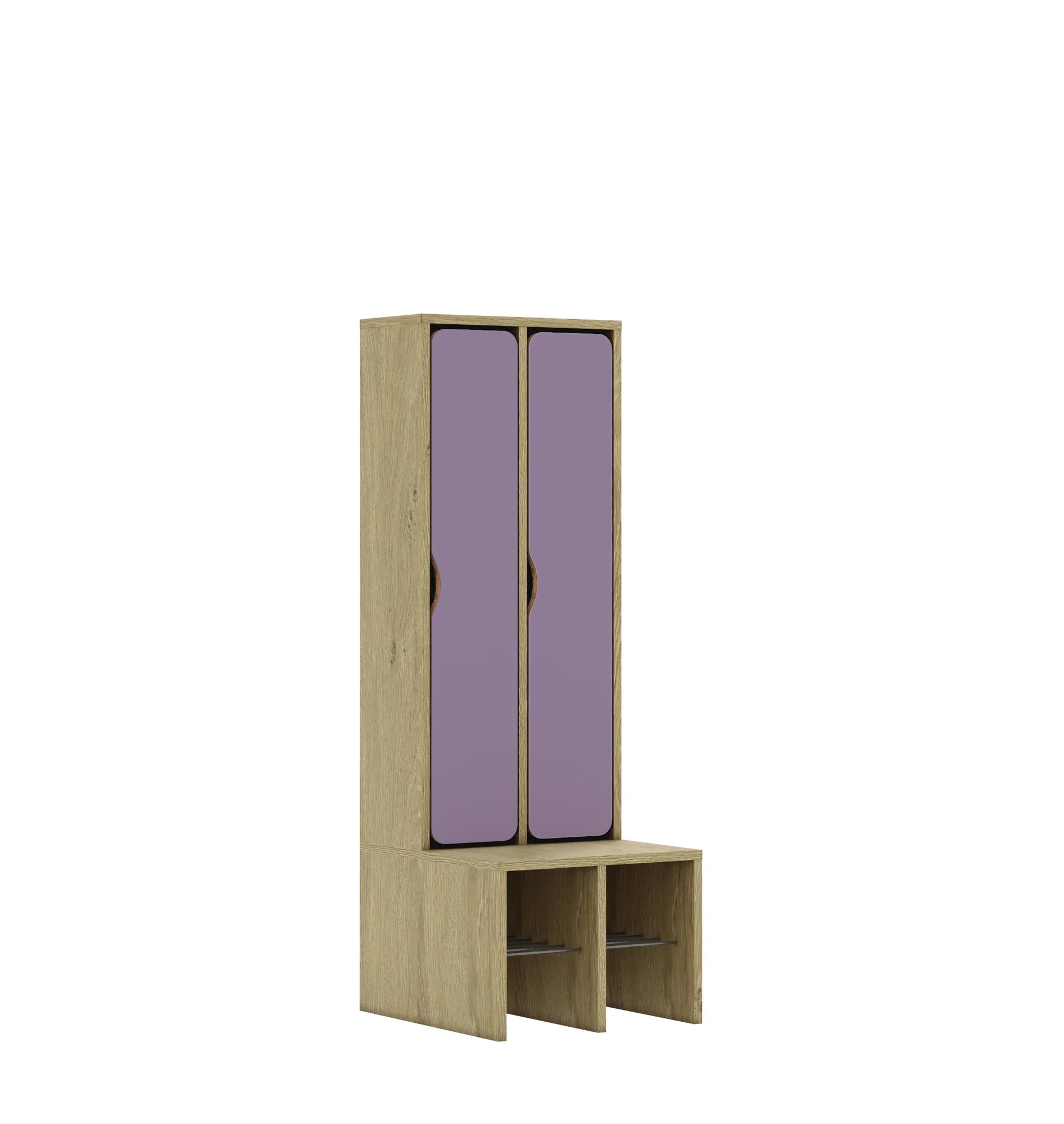 Szatnia dwuosobowa BLOX 455x520x1350 — drzwiczki pełne – dąb / pastelowy fioletowy