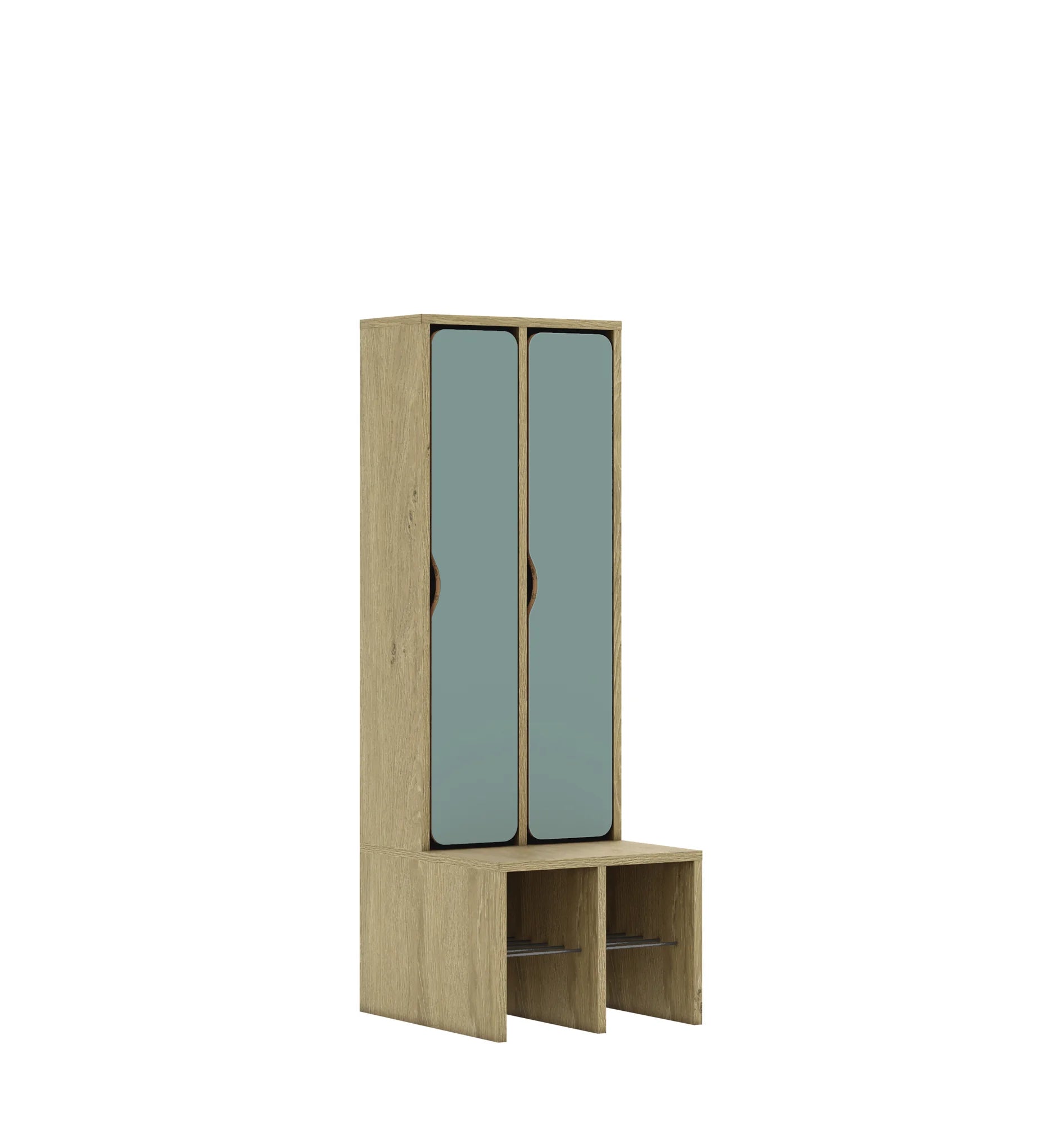 Szatnia dwuosobowa BLOX 455x520x1350 — drzwiczki pełne – dąb / pastelowy zielony