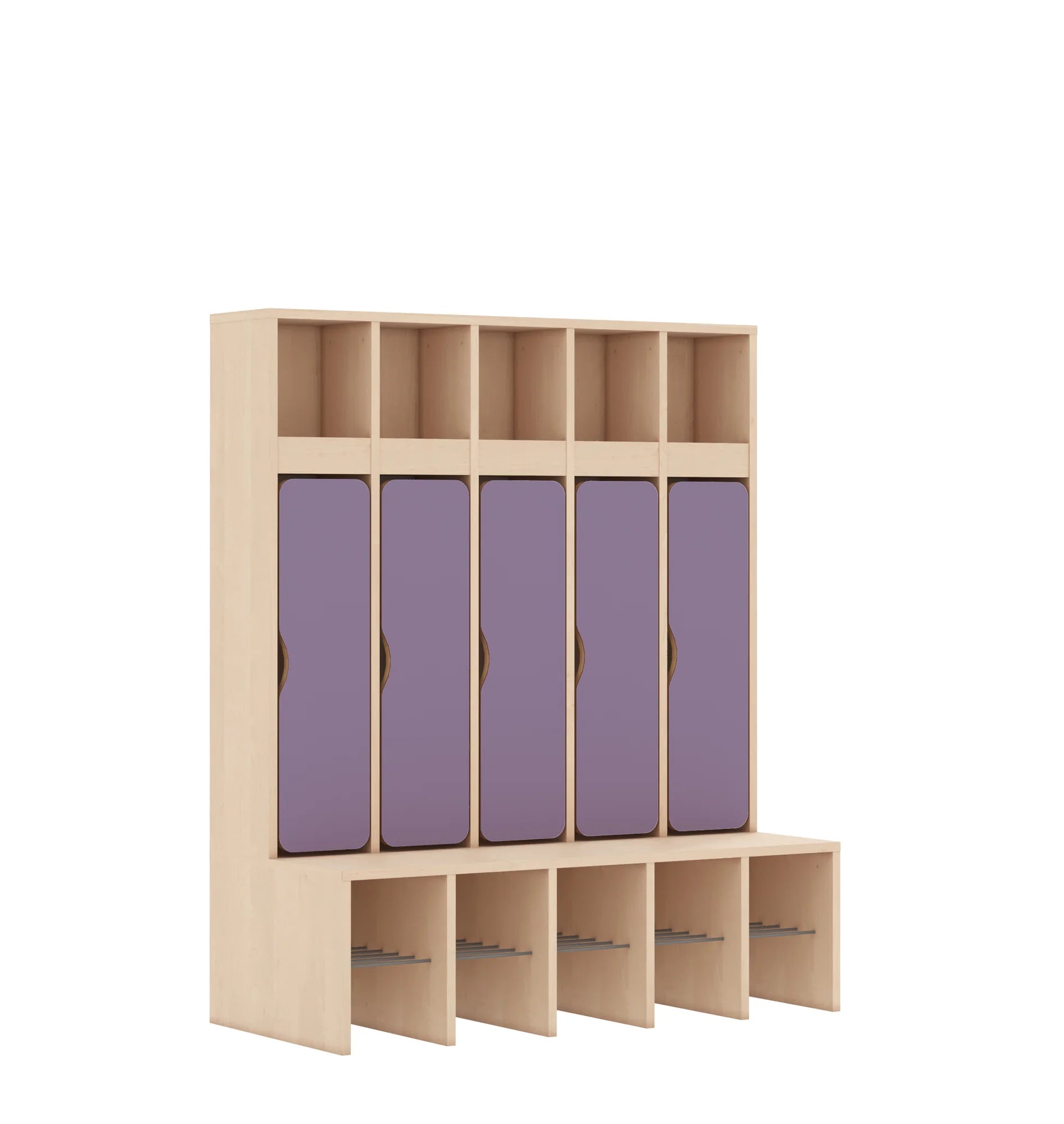 Szatnia pięcioosobowa BLOX 1108x520x1350 — drzwiczki dolne – brzoza / pastelowy fioletowy