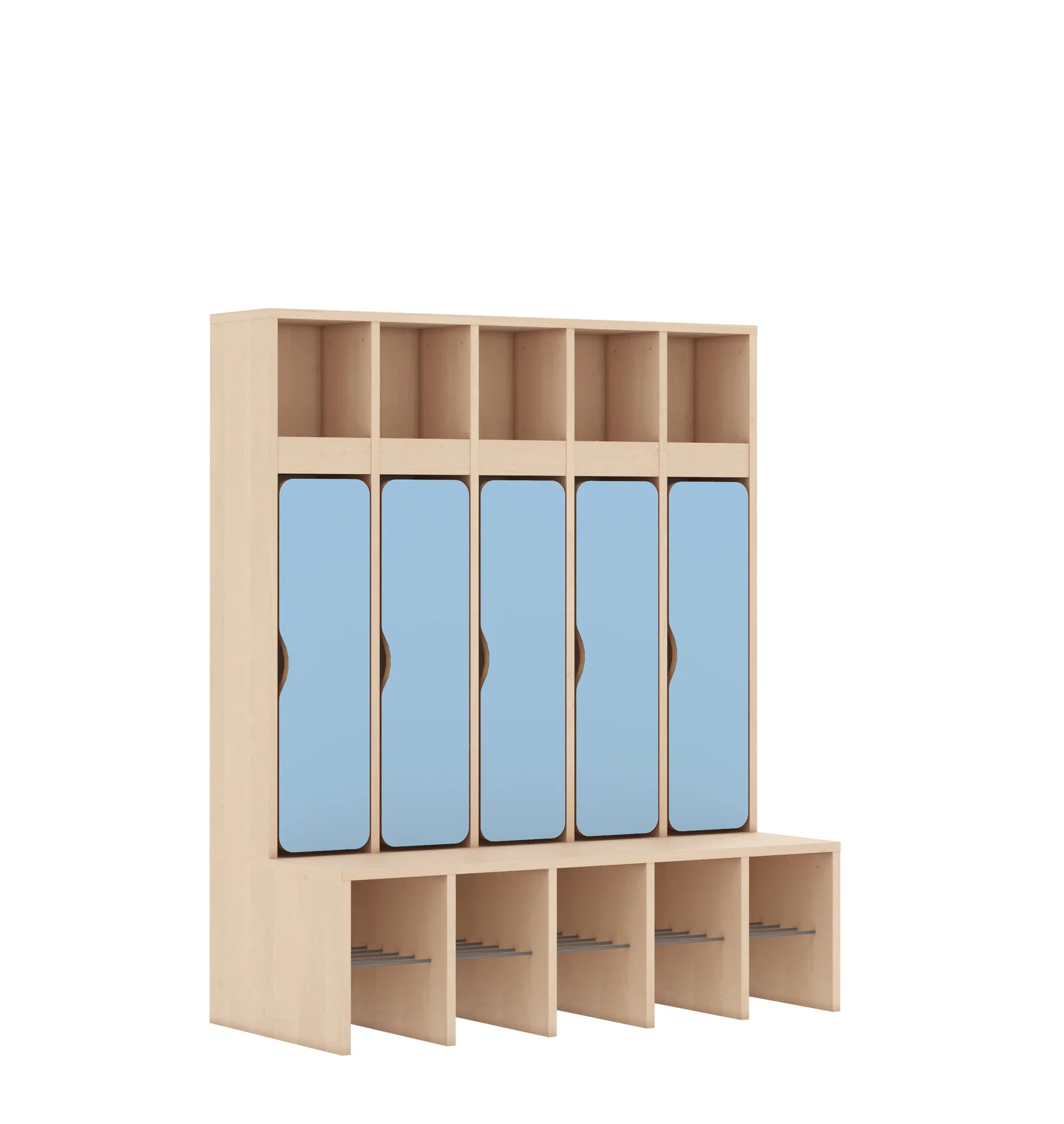 Szatnia pięcioosobowa BLOX 1108x520x1350 — drzwiczki dolne – brzoza / pastelowy niebieski