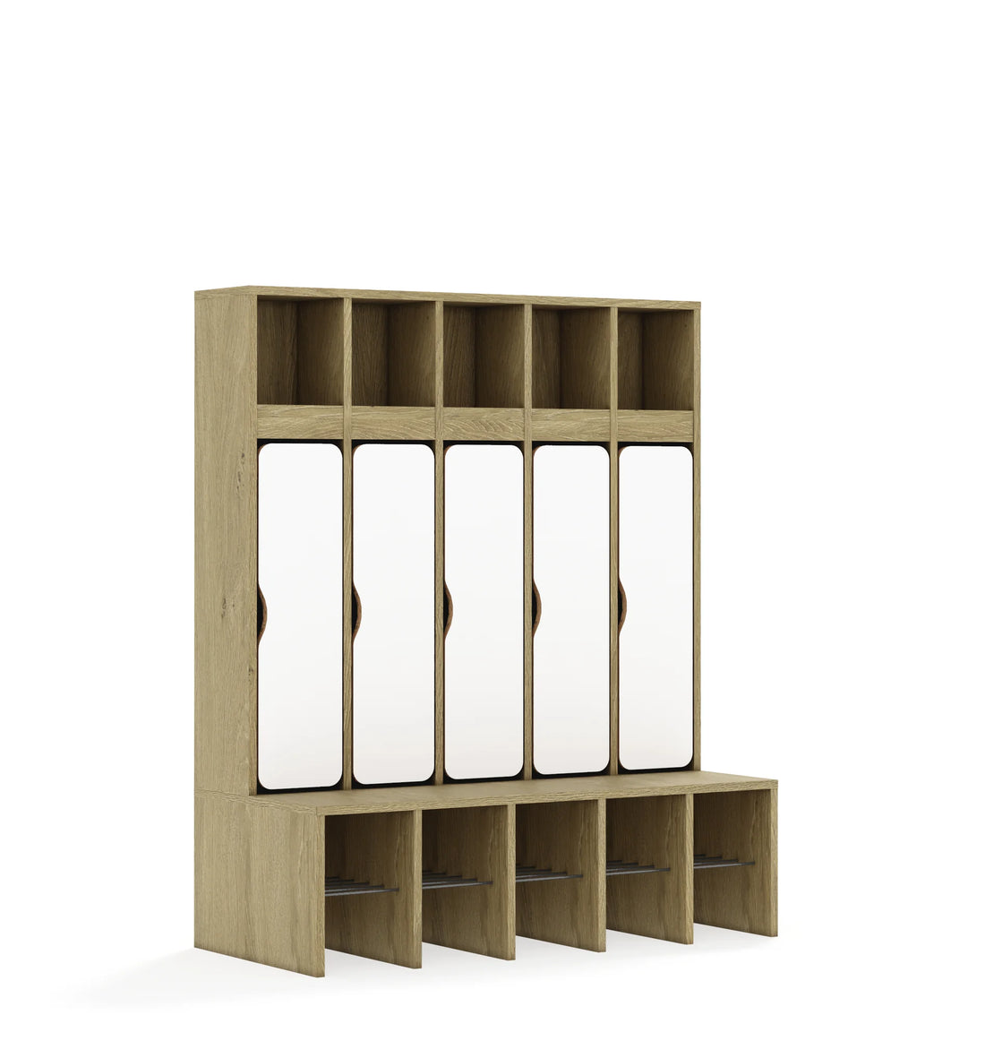 Szatnia pięcioosobowa BLOX 1108x520x1350 — drzwiczki dolne – dąb / biały