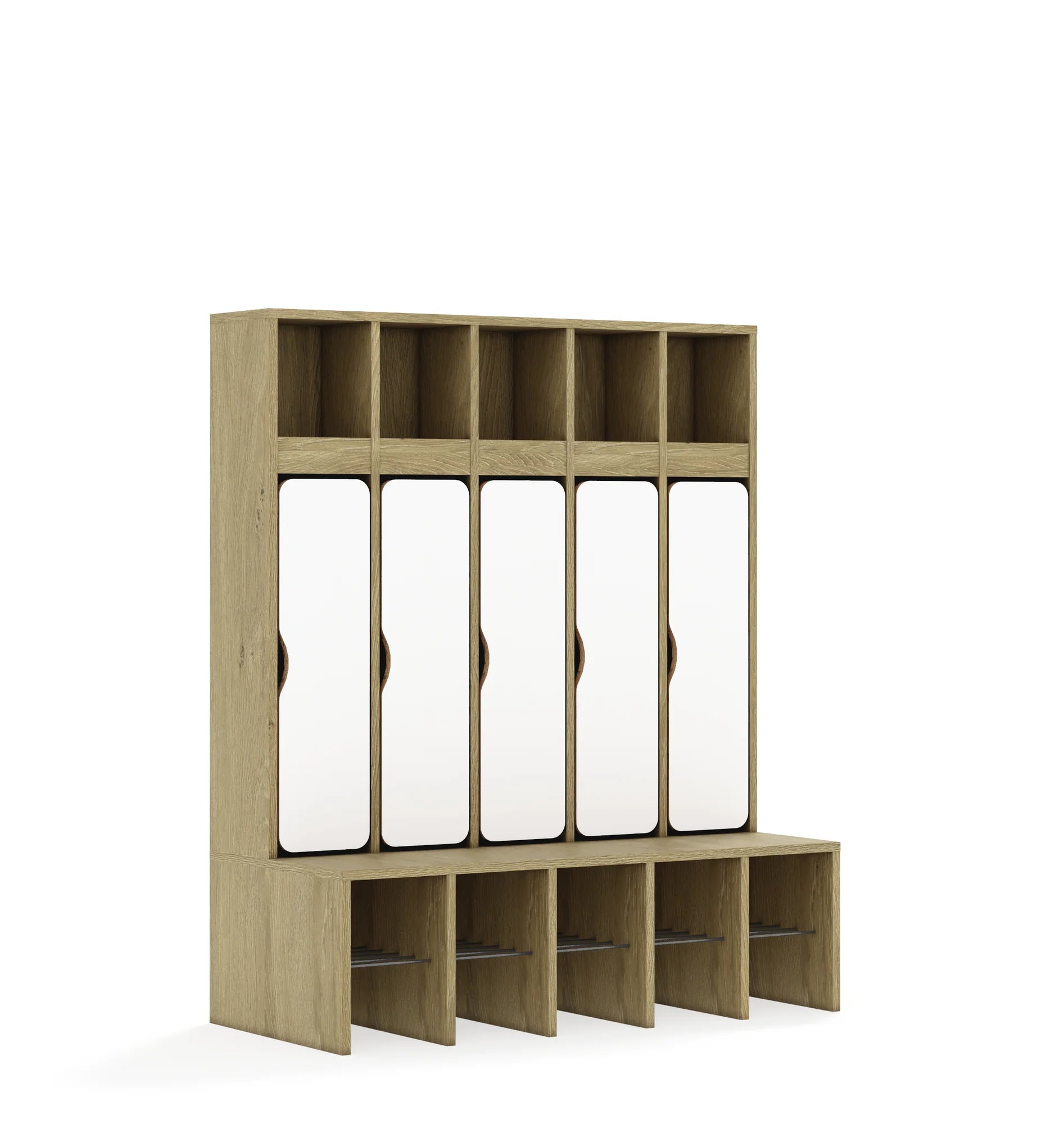Szatnia pięcioosobowa BLOX 1108x520x1350 — drzwiczki dolne – dąb / biały