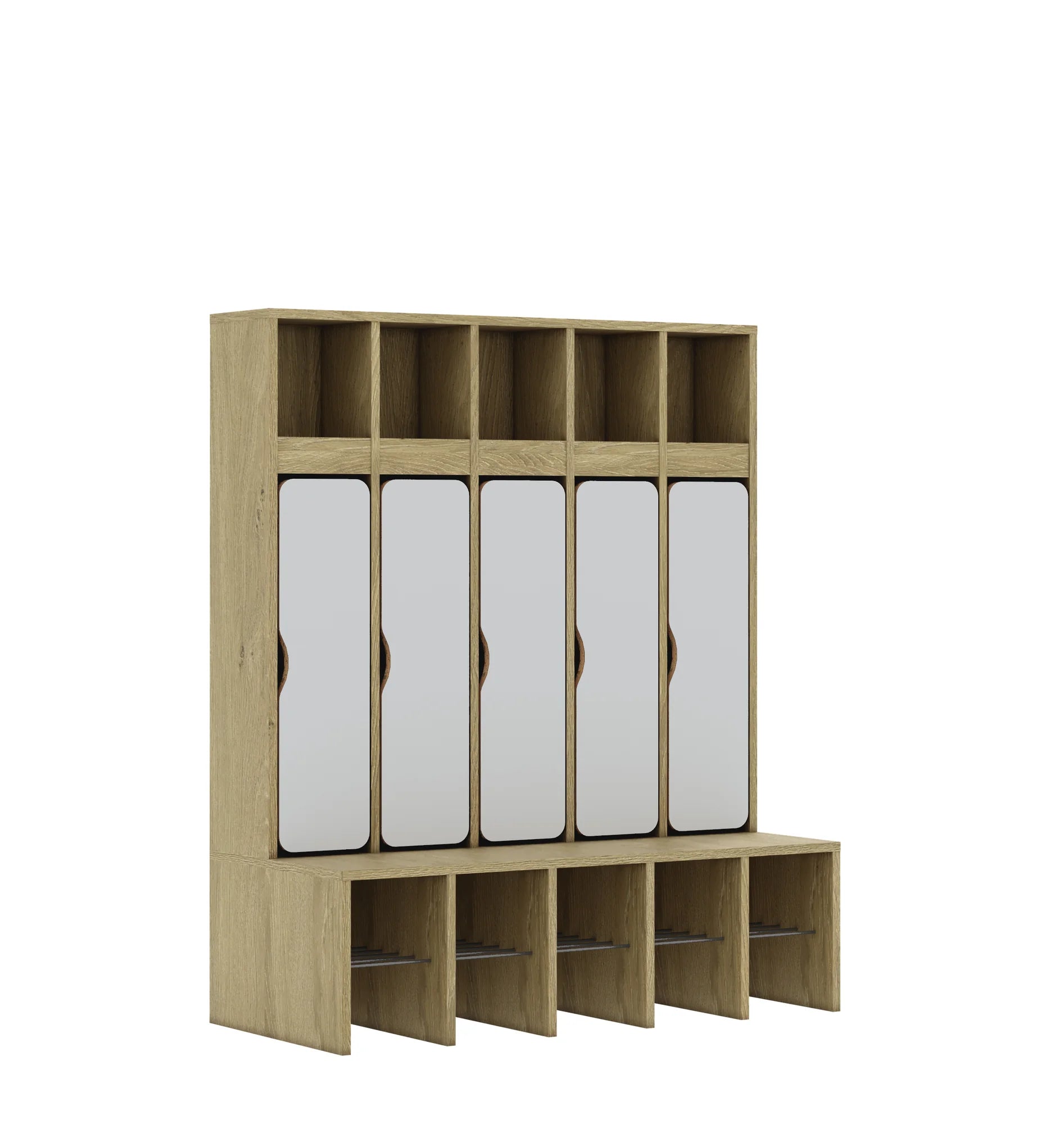 Szatnia pięcioosobowa BLOX 1108x520x1350 — drzwiczki dolne – dąb / jasny szary