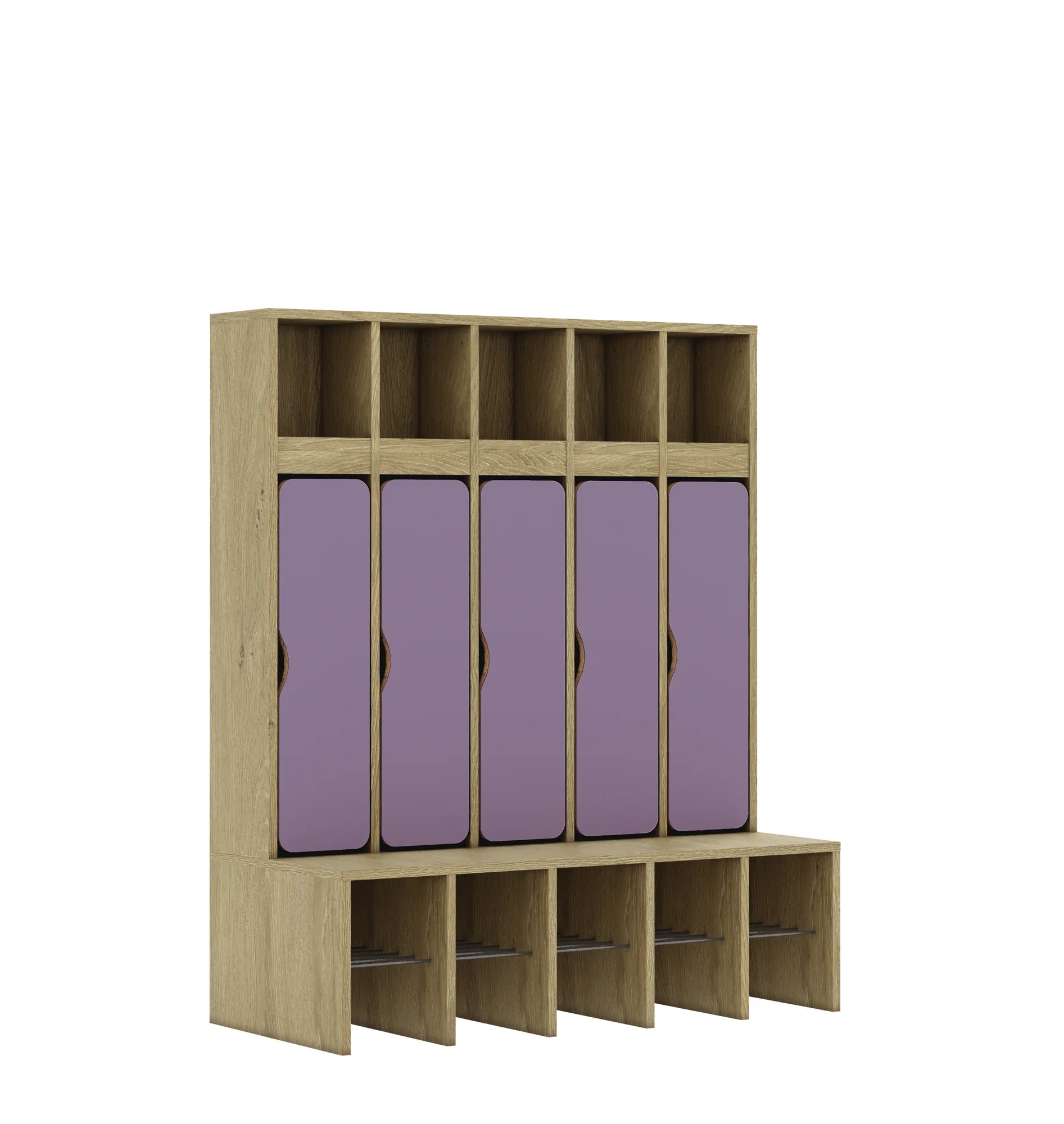 Szatnia pięcioosobowa BLOX 1108x520x1350 — drzwiczki dolne – dąb / pastelowy fioletowy