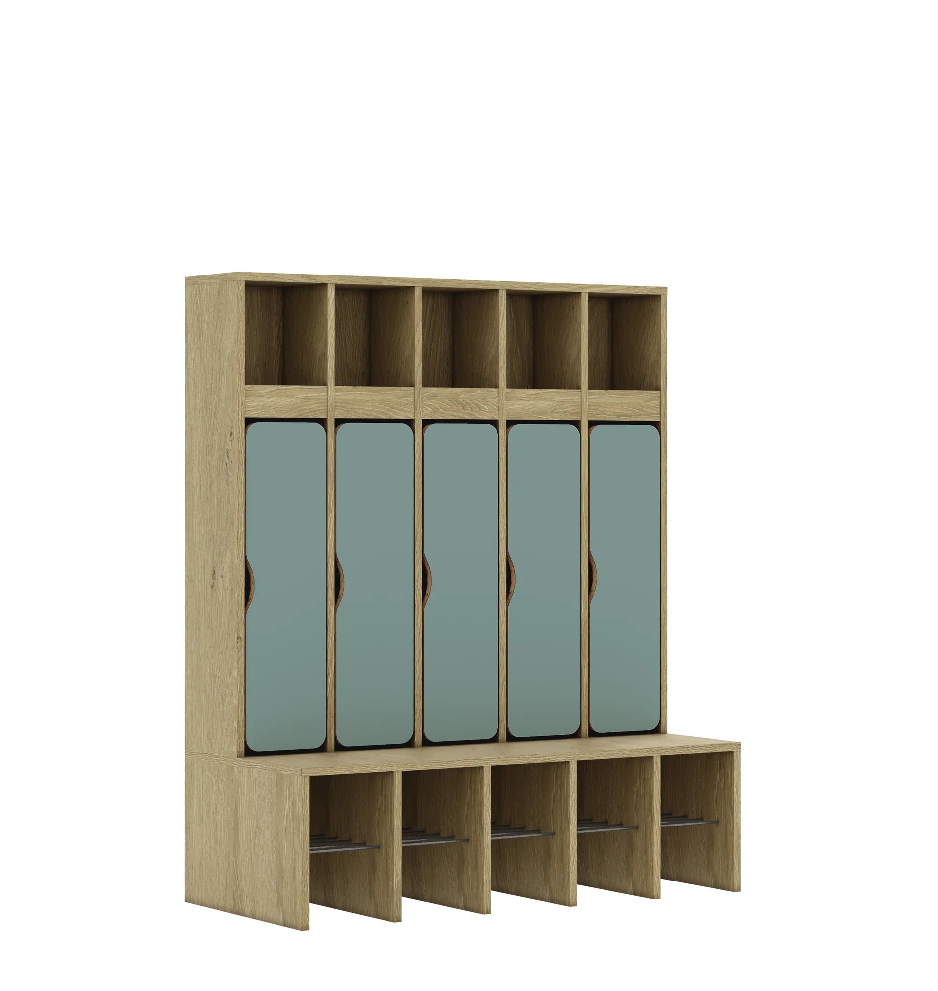 Szatnia pięcioosobowa BLOX 1108x520x1350 — drzwiczki dolne – dąb / pastelowy zielony