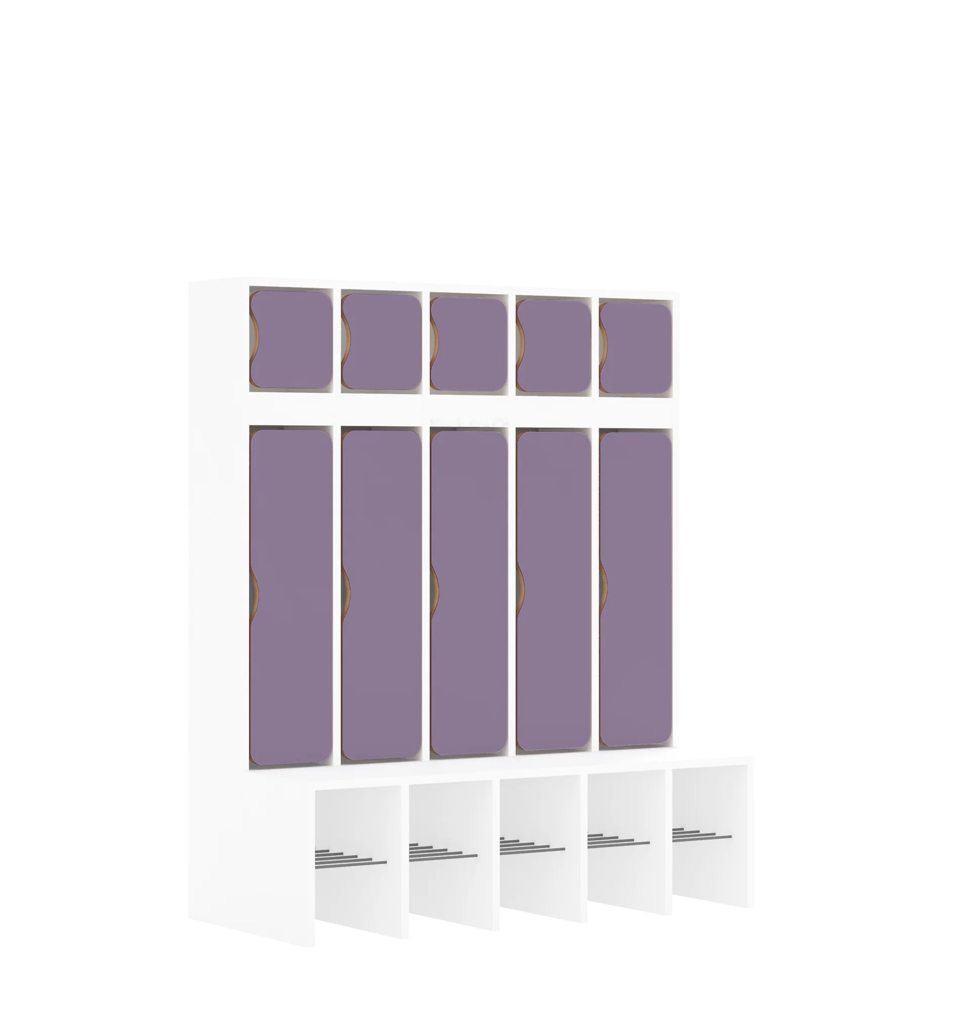 Szatnia pięcioosobowa BLOX 1108x520x1350 — drzwiczki góra/dół – biały / pastelowy fioletowy
