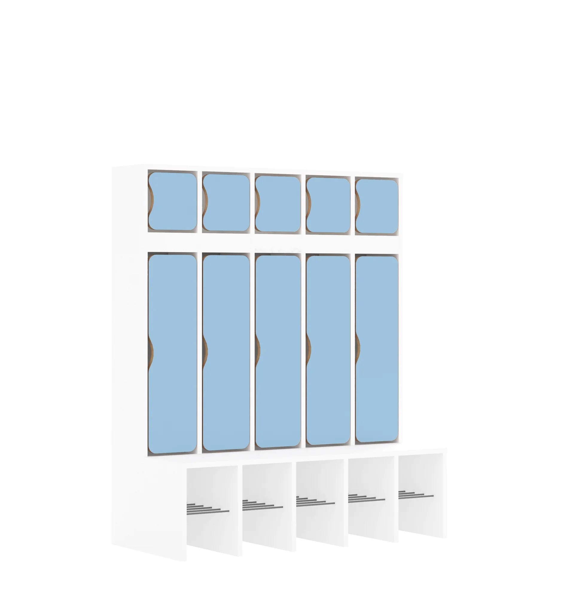 Szatnia pięcioosobowa BLOX 1108x520x1350 — drzwiczki góra/dół – biały / pastelowy niebieski