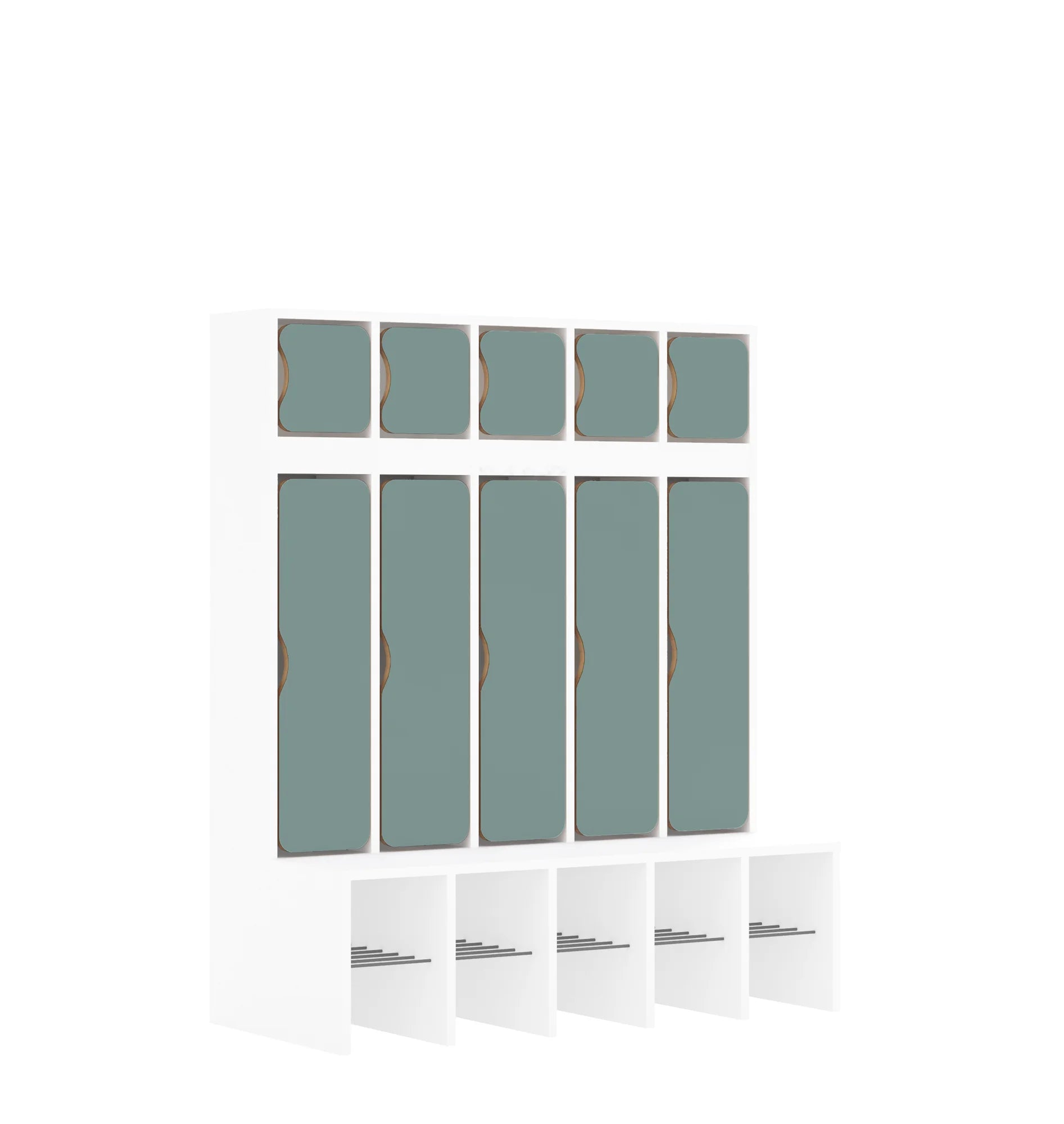 Szatnia pięcioosobowa BLOX 1108x520x1350 — drzwiczki góra/dół – biały / pastelowy zielony