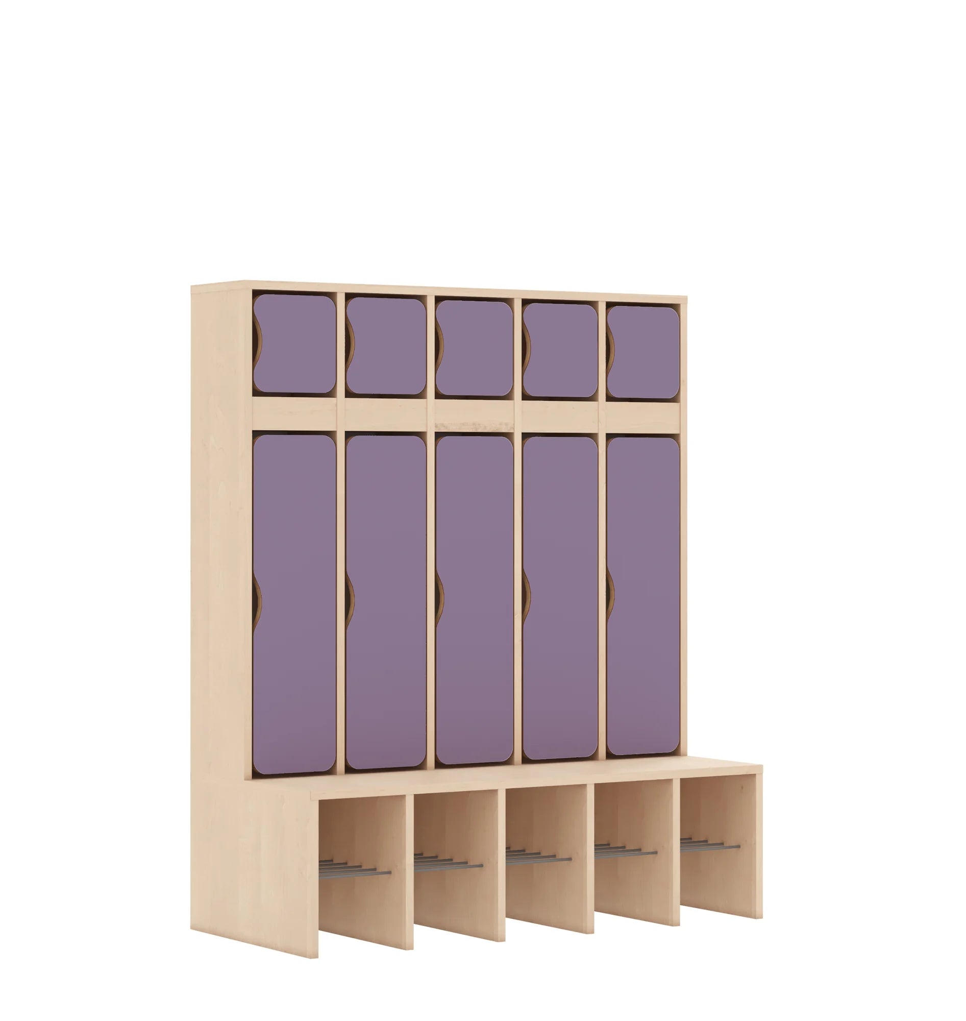 Szatnia pięcioosobowa BLOX 1108x520x1350 — drzwiczki góra/dół – brzoza / pastelowy fioletowy