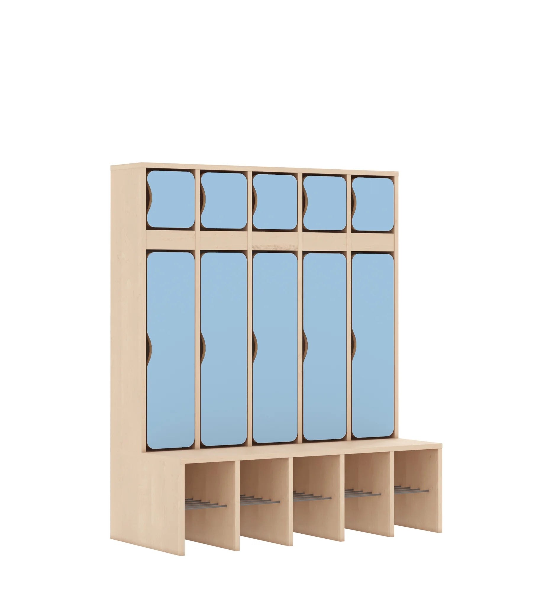 Szatnia pięcioosobowa BLOX 1108x520x1350 — drzwiczki góra/dół – brzoza / pastelowy niebieski