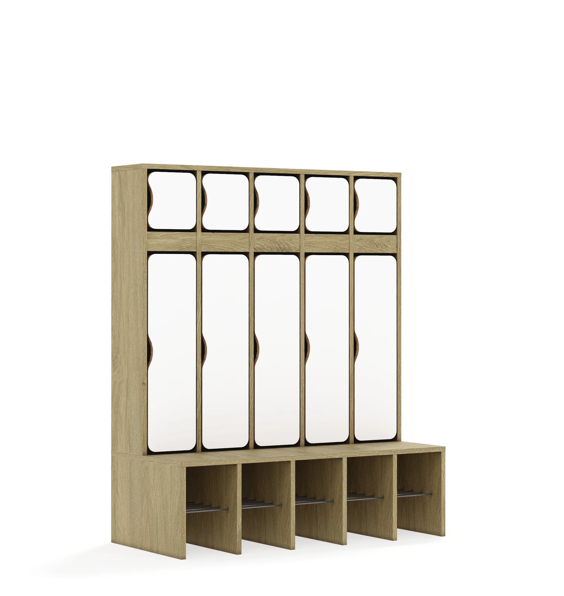 Szatnia pięcioosobowa BLOX 1108x520x1350 — drzwiczki góra/dół – dąb / biały