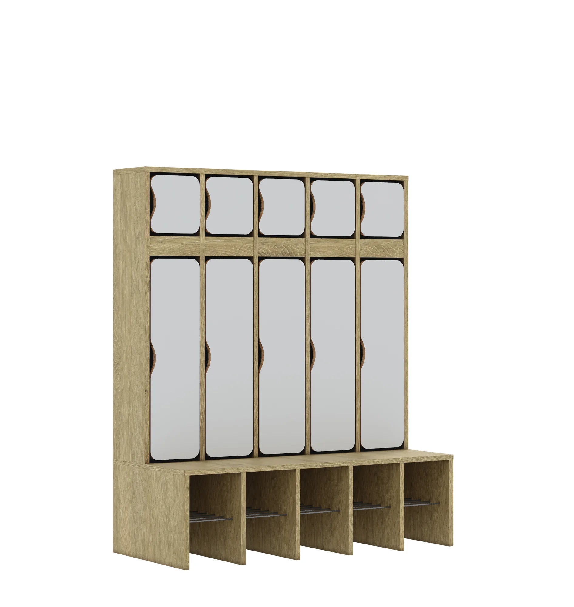 Szatnia pięcioosobowa BLOX 1108x520x1350 — drzwiczki góra/dół – dąb / jasny szary